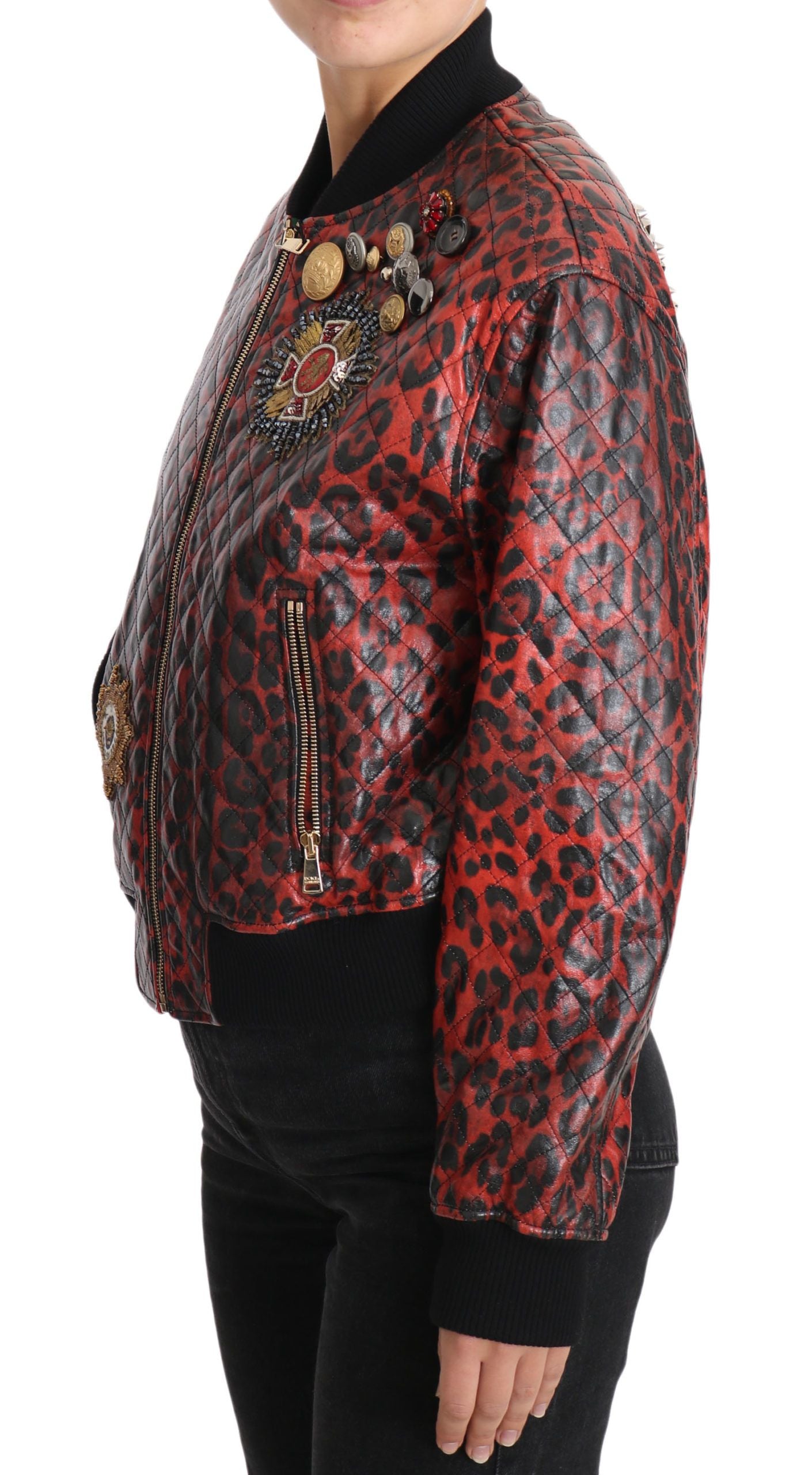 Dolce &amp; Gabbana Red Leopard Bomber Leather Jacket with Crystal Buttons