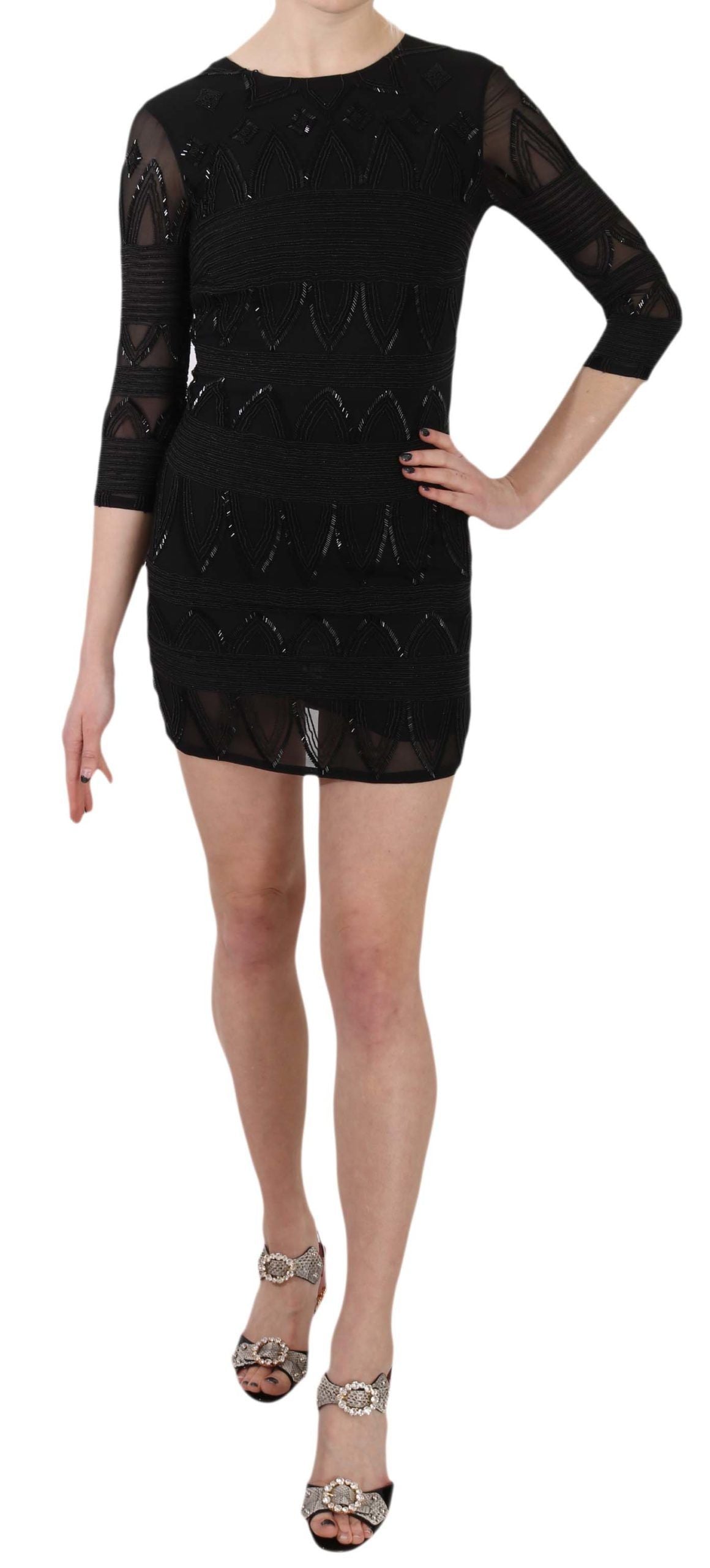 John Richmond Elegant Black Sequin Silk Mini Dress