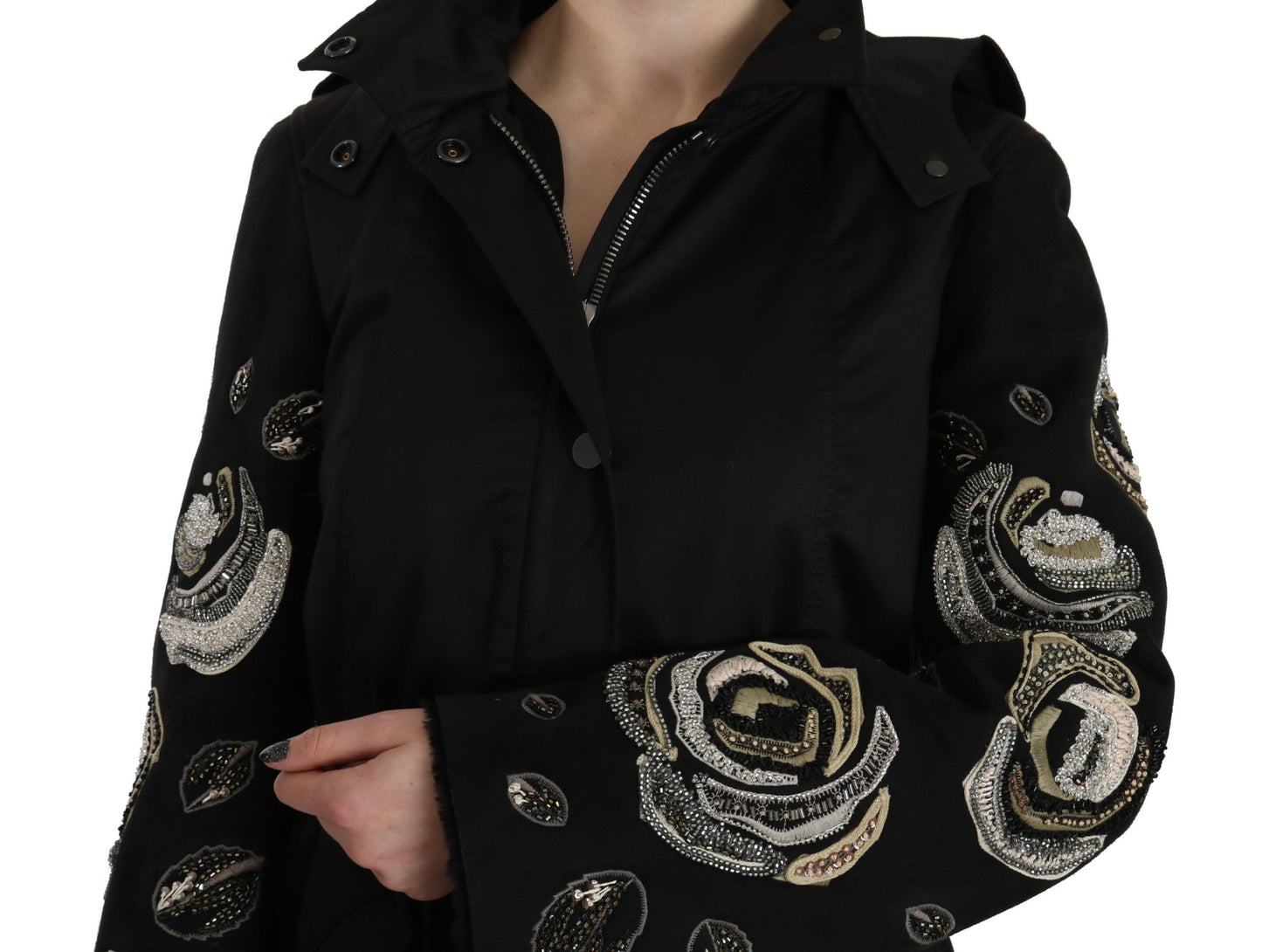 John Richmond Elegant Black Parka Jacket with Pearls for Women