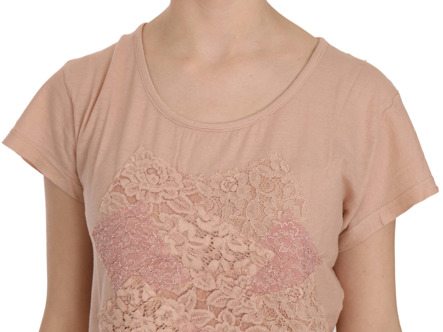 PINK MEMORIES Elegant blouse with round neck made of cream-colored lace