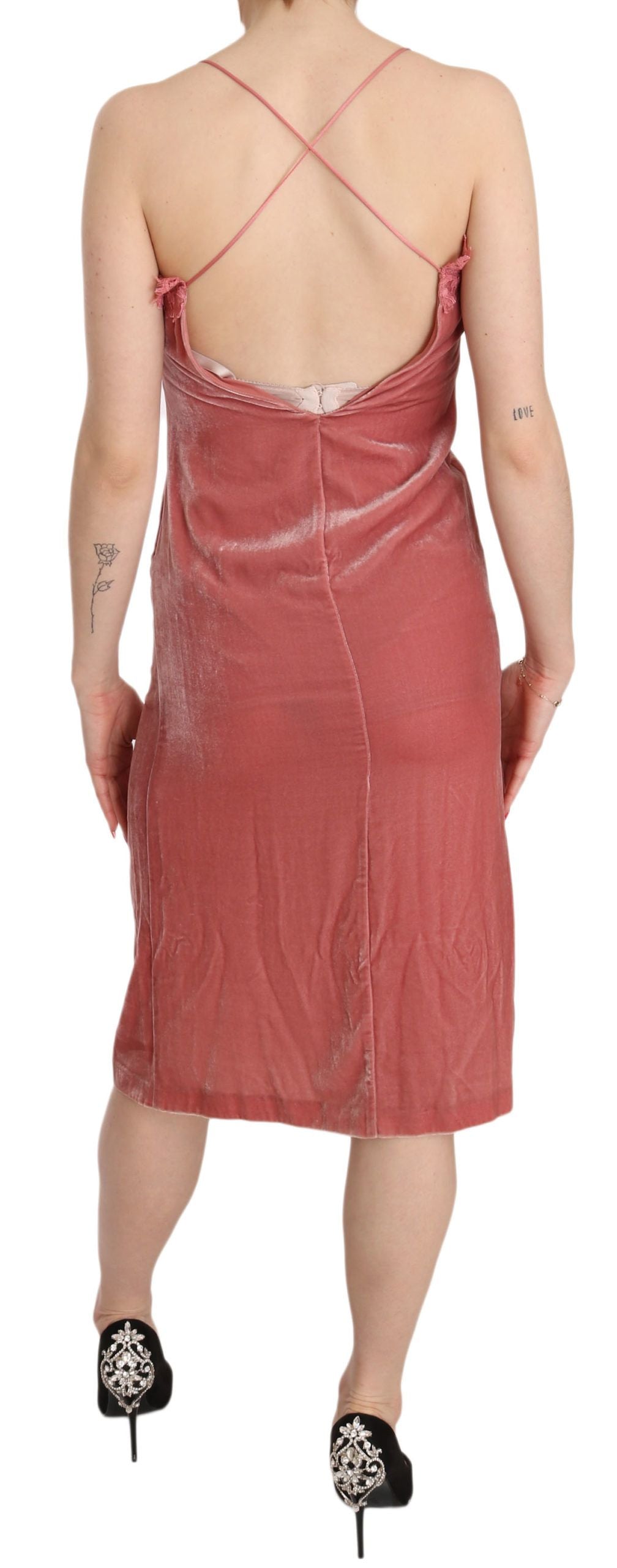 PINKO Pink silk blend midi dress with lace and side slit