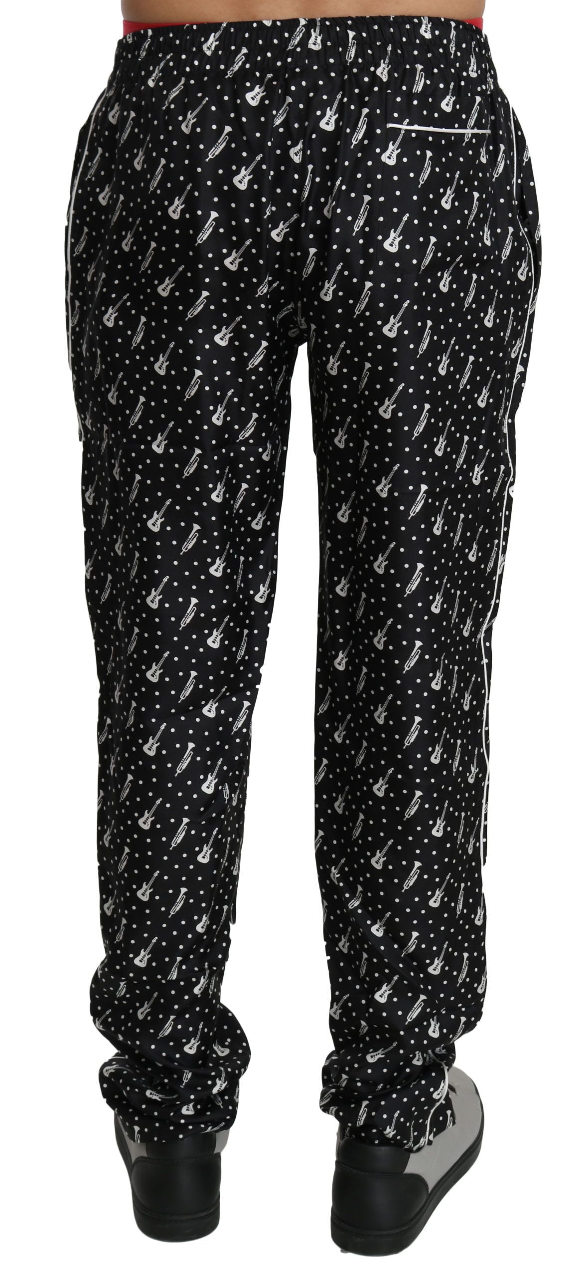 Dolce &amp; Gabbana Elegant black silk trousers with musical instrument print