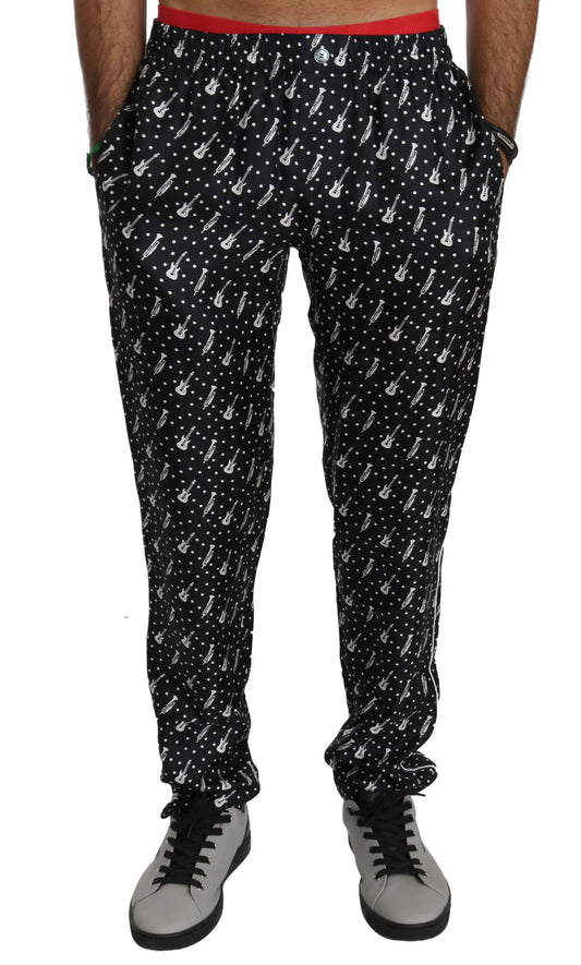 Dolce &amp; Gabbana Elegant black silk trousers with musical instrument print