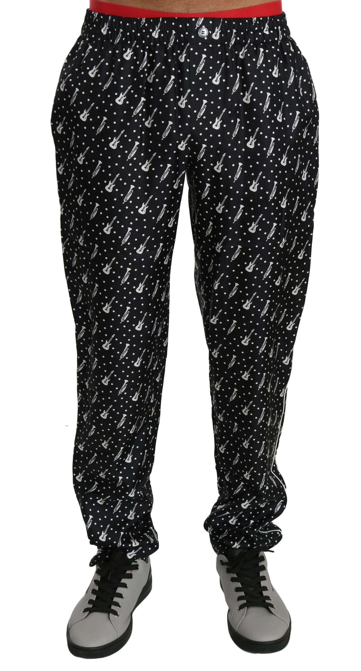 Dolce &amp; Gabbana Elegant black silk trousers with musical instrument print