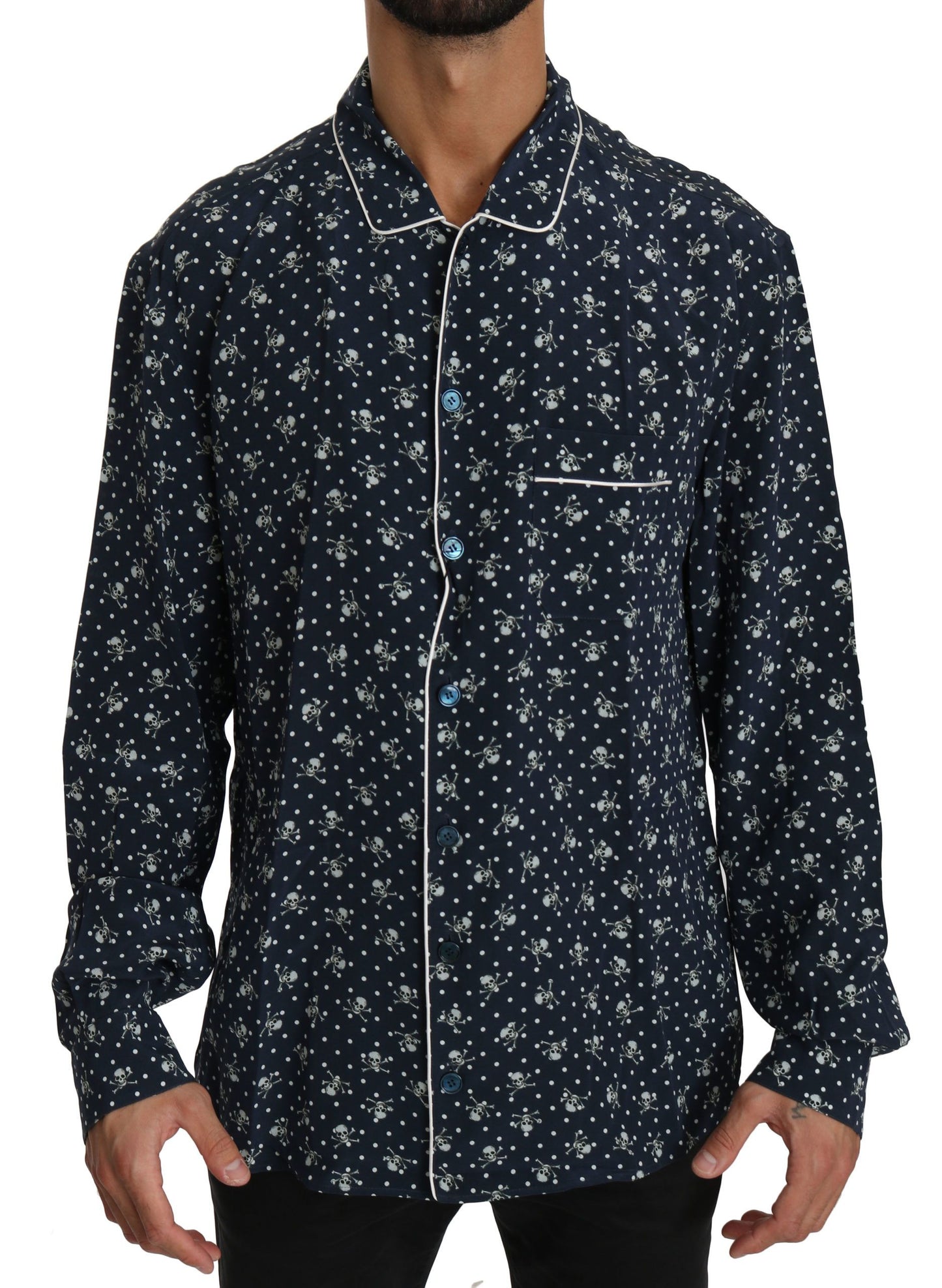 Dolce &amp; Gabbana Silky elegance: blue lounge shirt with skull print