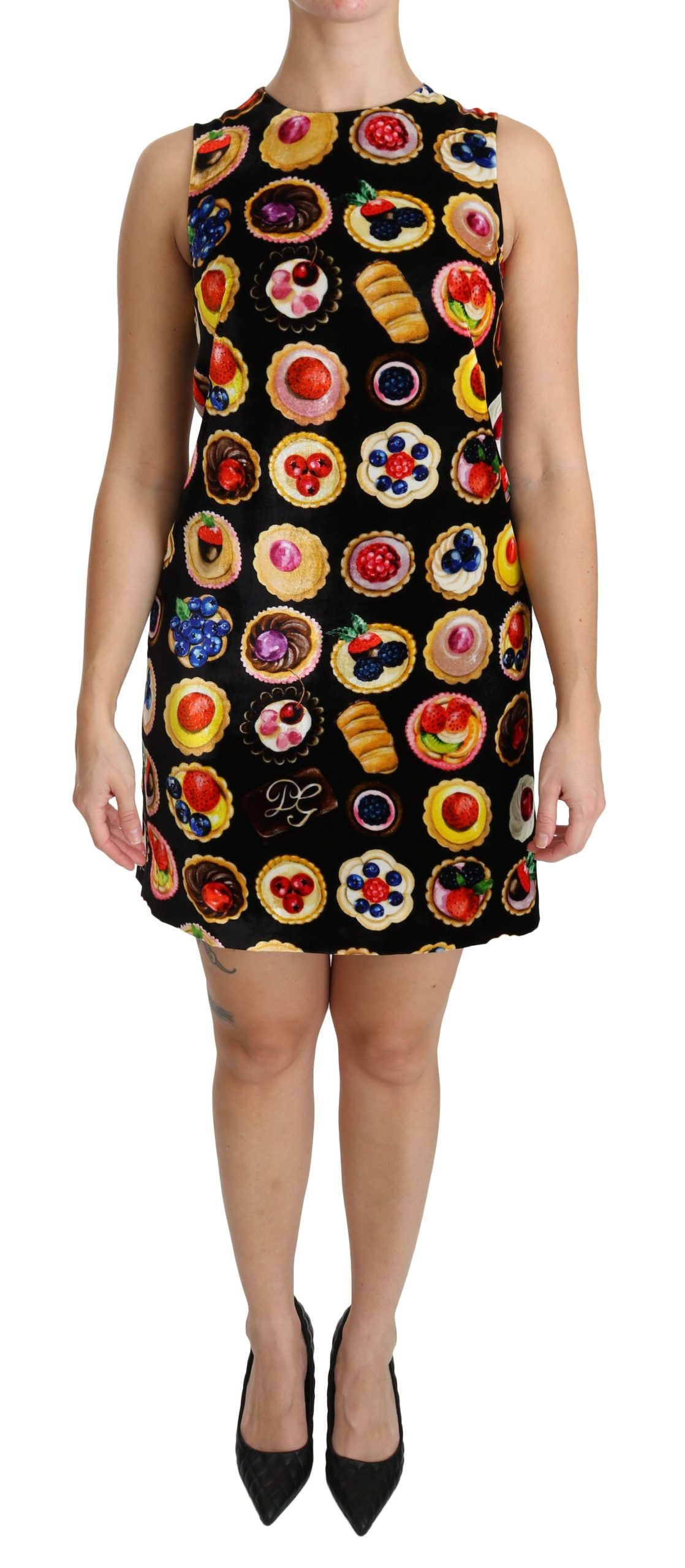 Dolce &amp; Gabbana Chic Black Desserts Print Shift Mini Dress