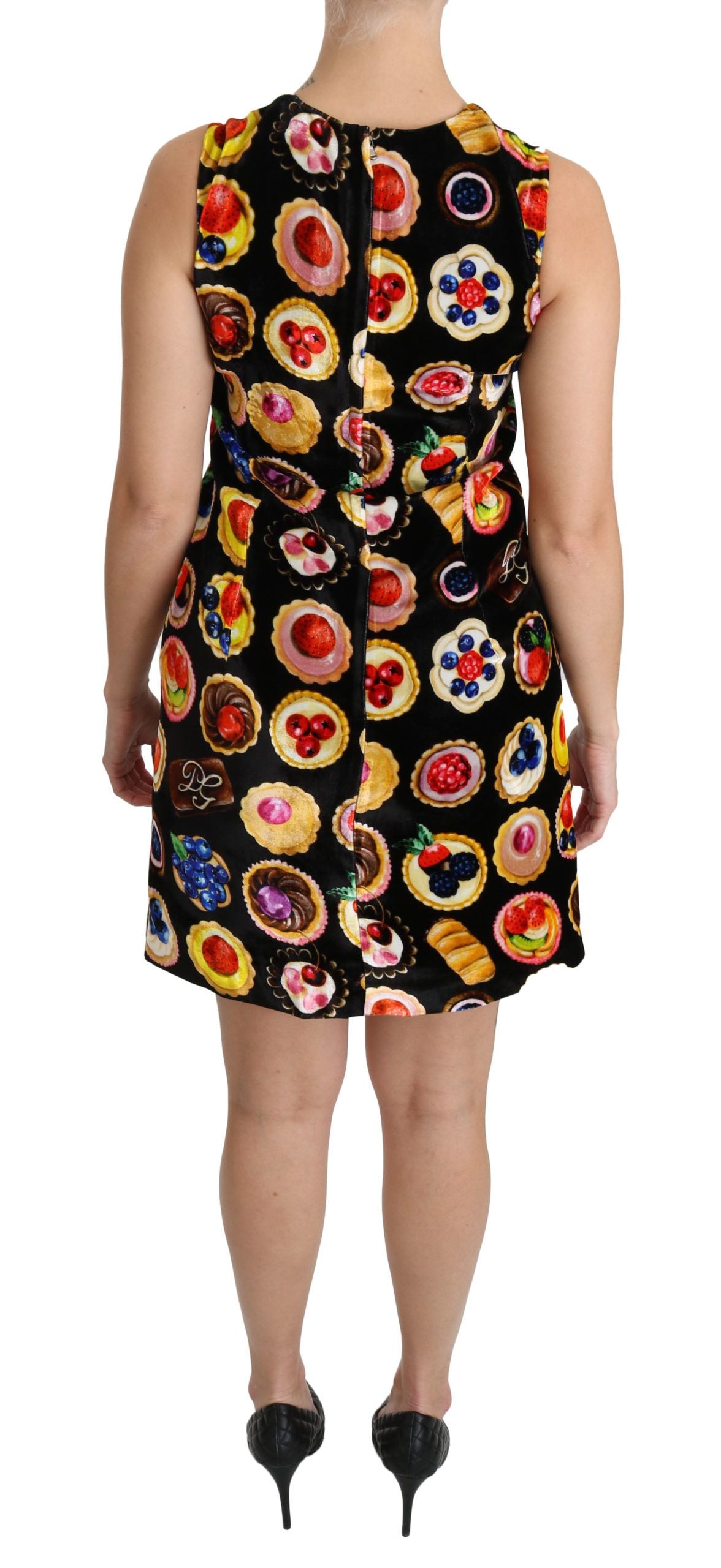 Dolce &amp; Gabbana Chic Black Desserts Print Shift Mini Dress