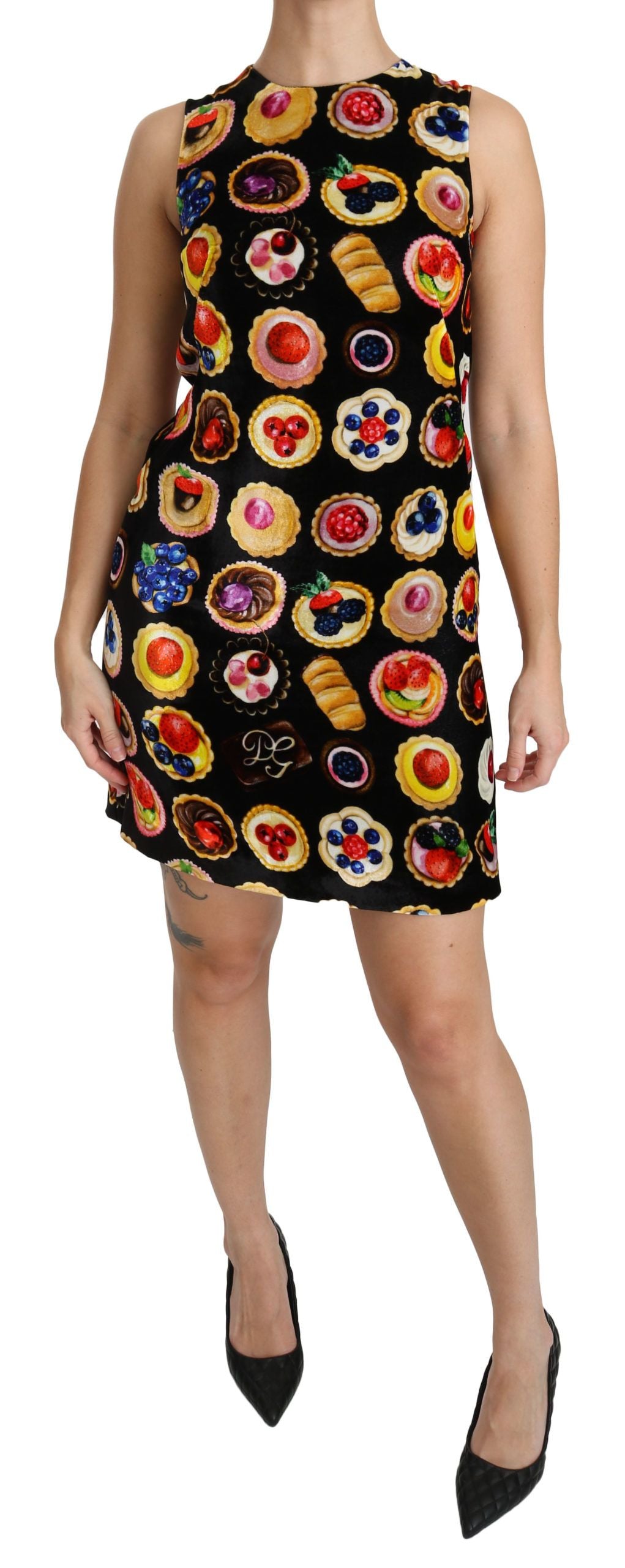 Dolce &amp; Gabbana Chic Black Desserts Print Shift Mini Dress