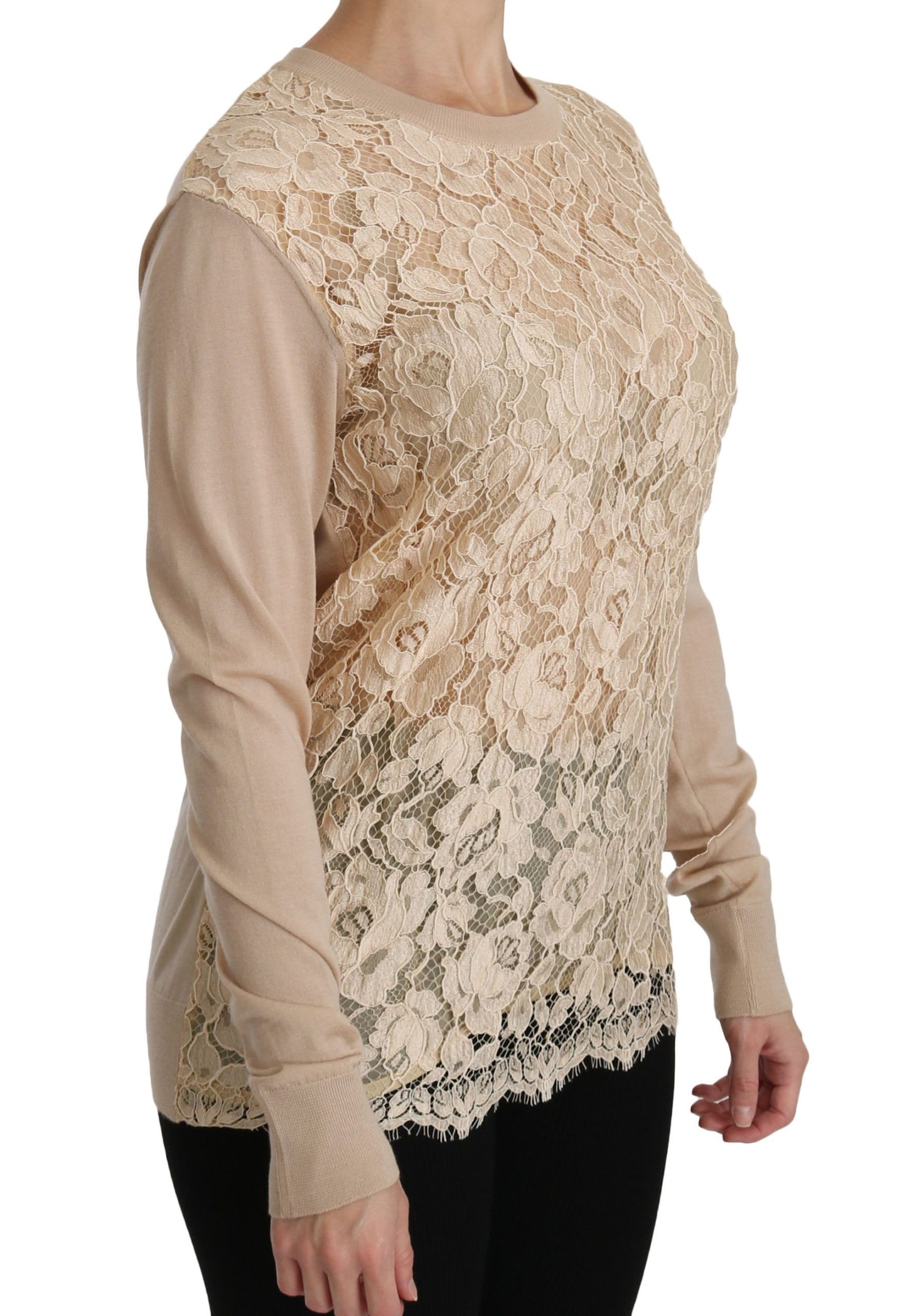 Dolce &amp; Gabbana Elegant beige cashmere blouse with round neckline in lace