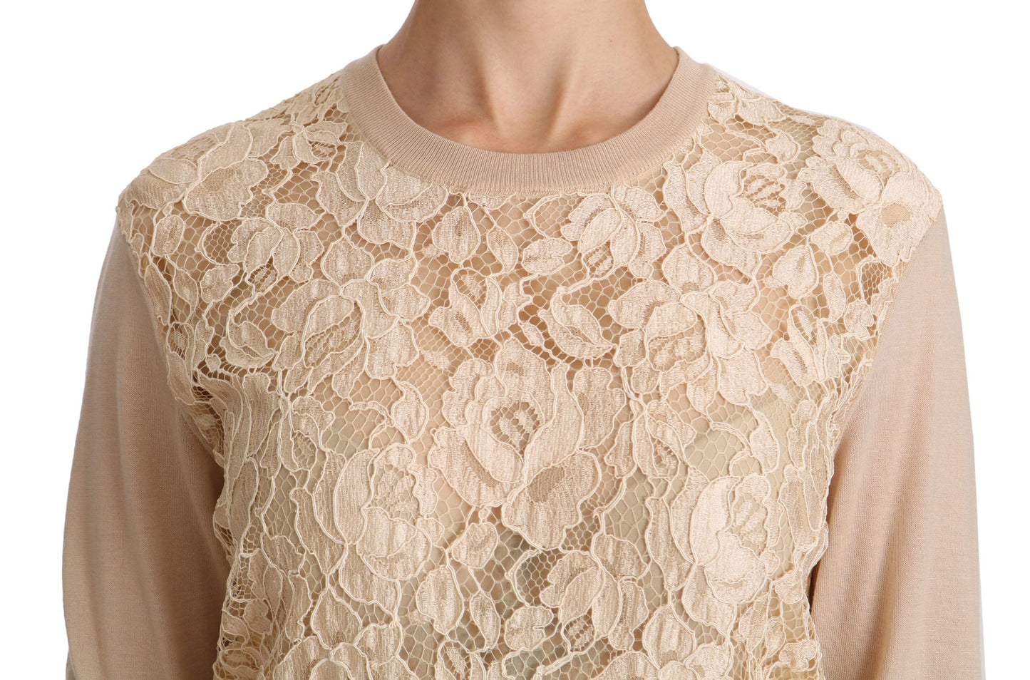 Dolce &amp; Gabbana Elegant beige cashmere blouse with round neckline in lace