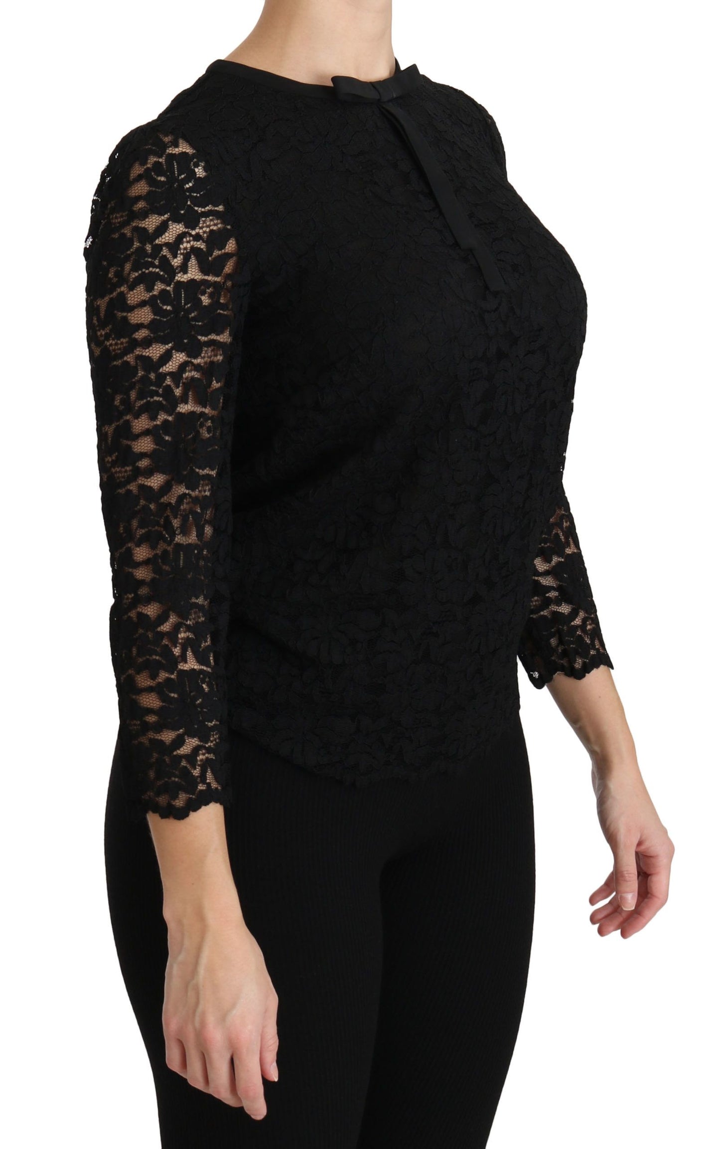 Dolce &amp; Gabbana Elegant Black Round Neck Lace Blouse