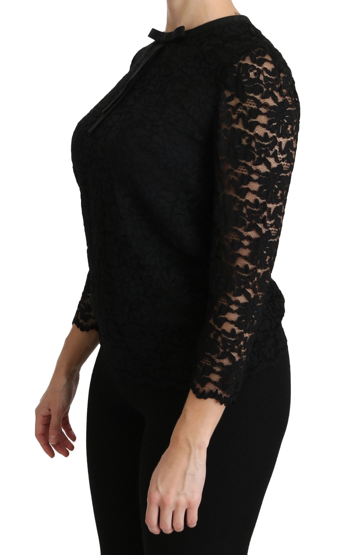 Dolce &amp; Gabbana Elegant Black Round Neck Lace Blouse