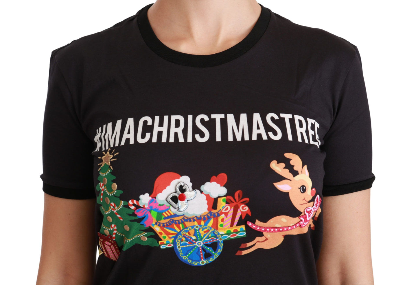 Dolce & Gabbana Schwarzes Baumwoll-T-Shirt mit Rundhalsausschnitt und einzigartigem Druck