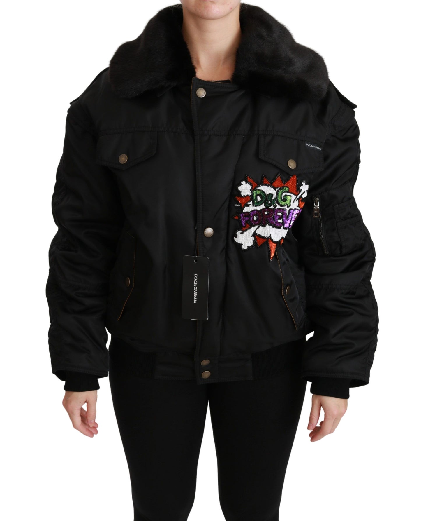 Dolce &amp; Gabbana Elegant black bomber jacket with removable trim