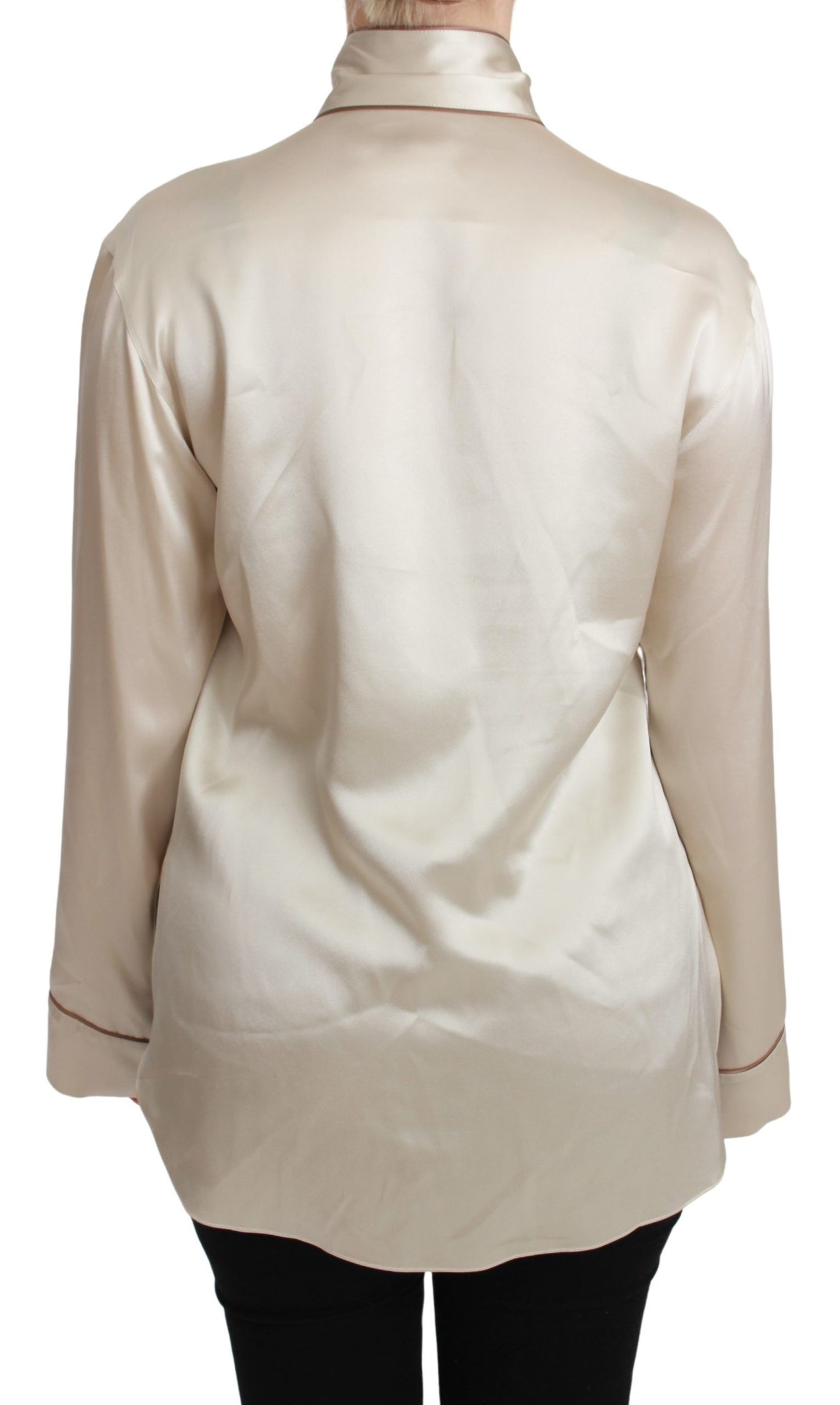 Dolce &amp; Gabbana Elegant beige silk satin blouse with QUEEN embroidery