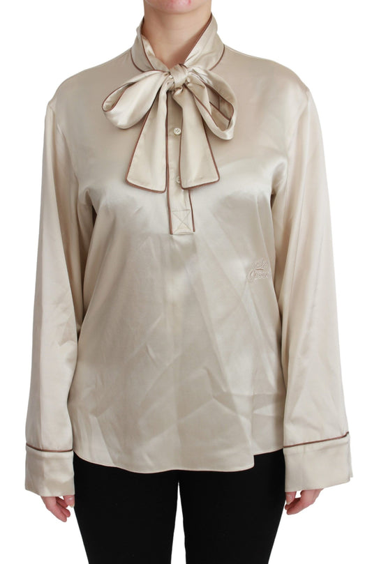 Dolce &amp; Gabbana Elegant beige silk satin blouse with QUEEN embroidery