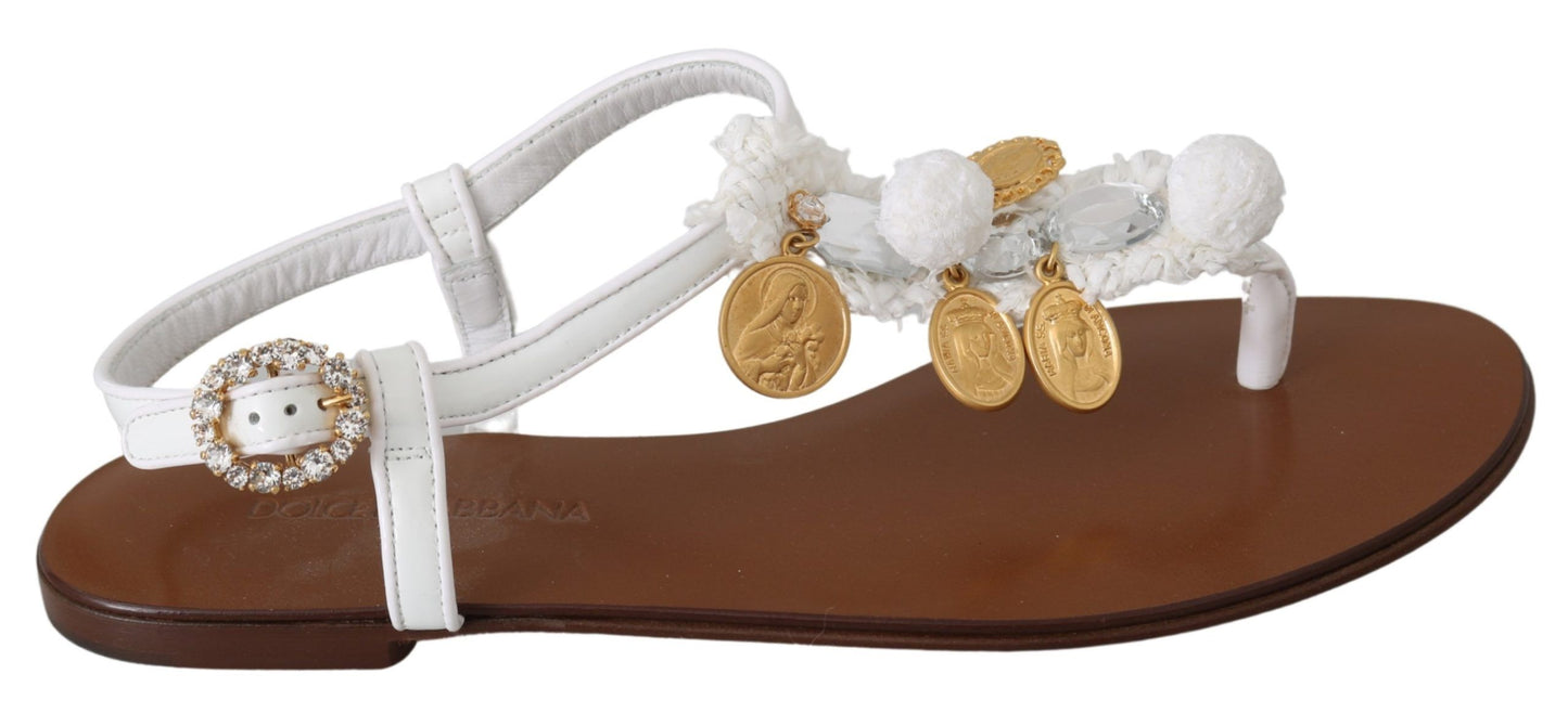 Dolce &amp; Gabbana Pom Pom Flip Flop Ankle Strap Flats