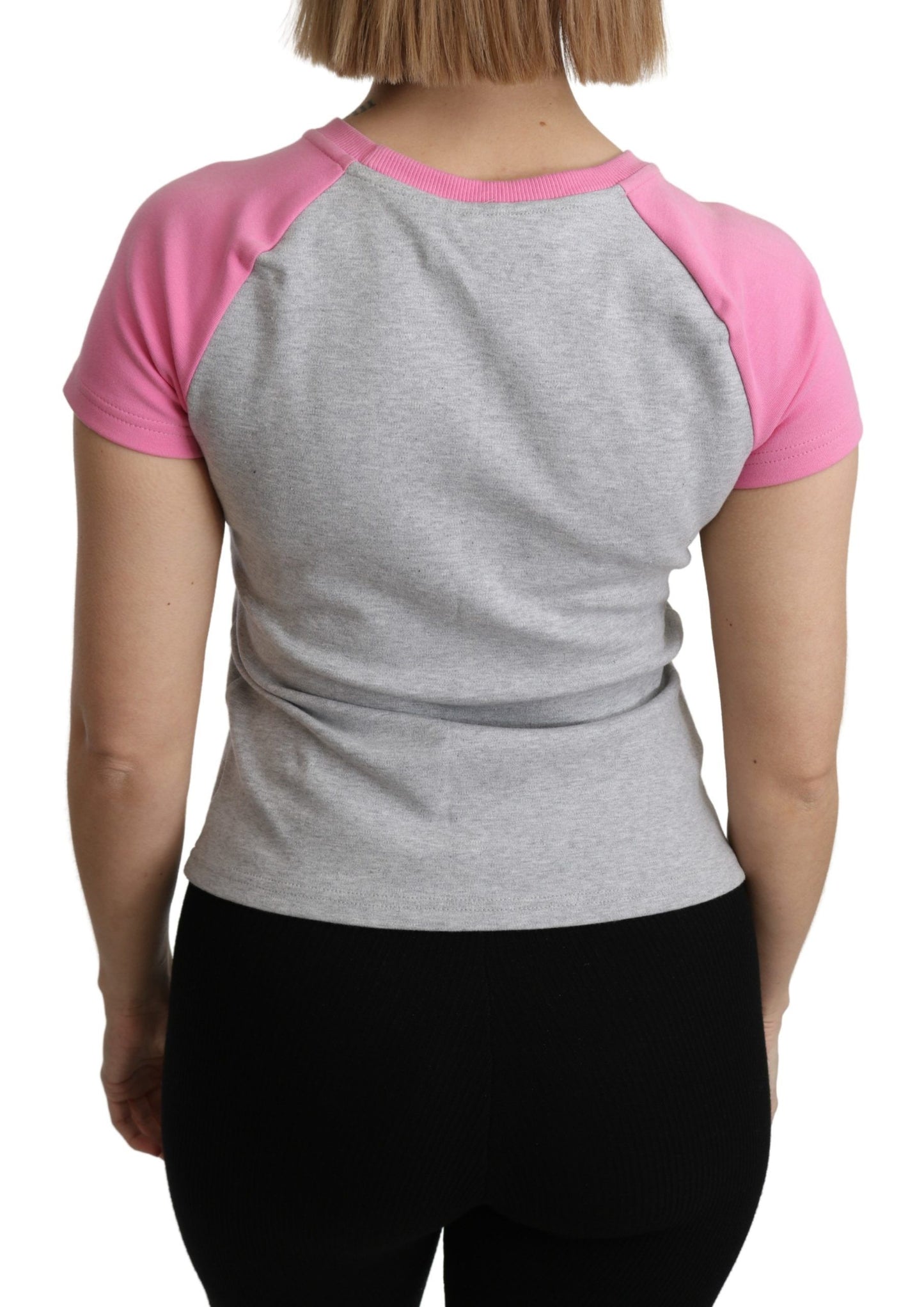 Moschino Chic grey cotton round neck t-shirt with pink accents