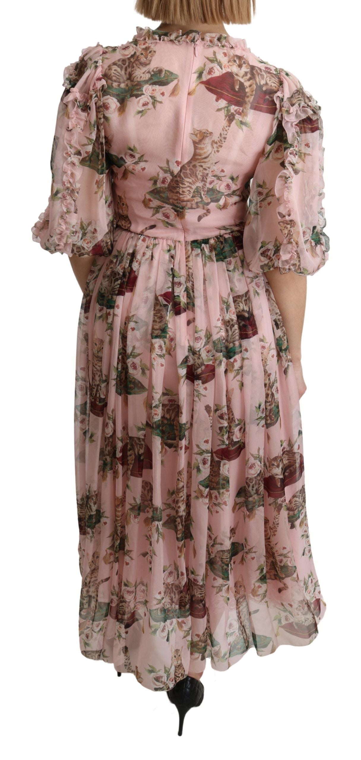 Dolce & Gabbana Elegantes Rosa Bengalkatzen-Print Maxikleid in A-Linie