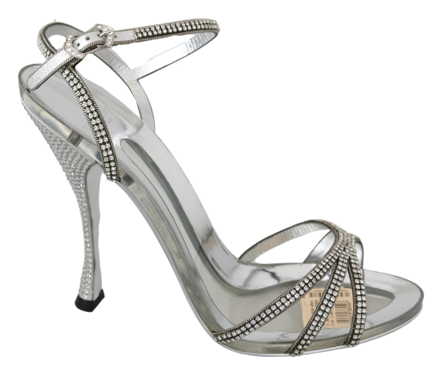 Dolce &amp; Gabbana Silver Leather Ankle Strap Sandals with Crystals