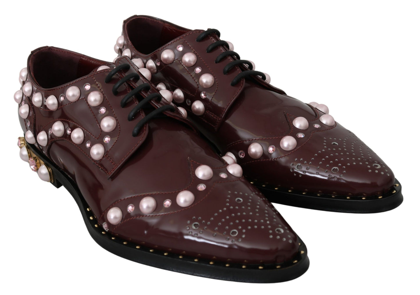 Dolce &amp; Gabbana Elegant burgundy lace-up flats with pearls and crystals