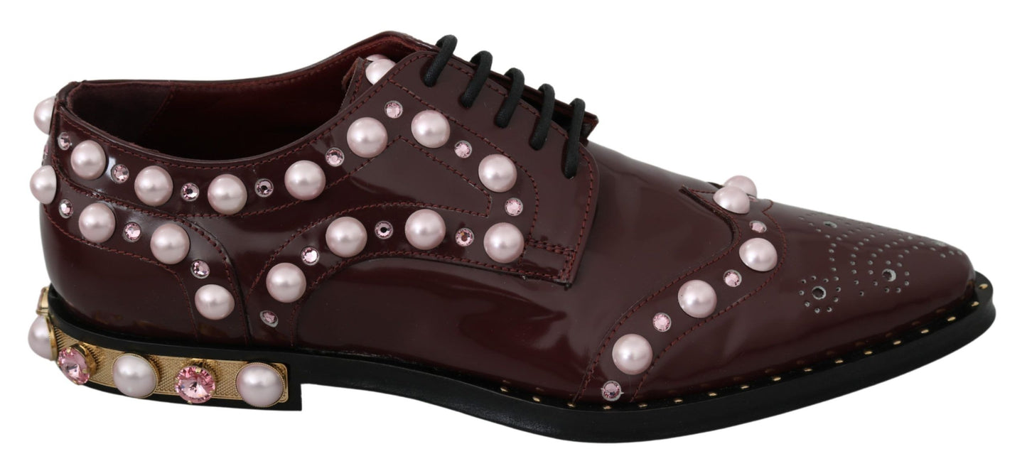 Dolce &amp; Gabbana Elegant burgundy lace-up flats with pearls and crystals