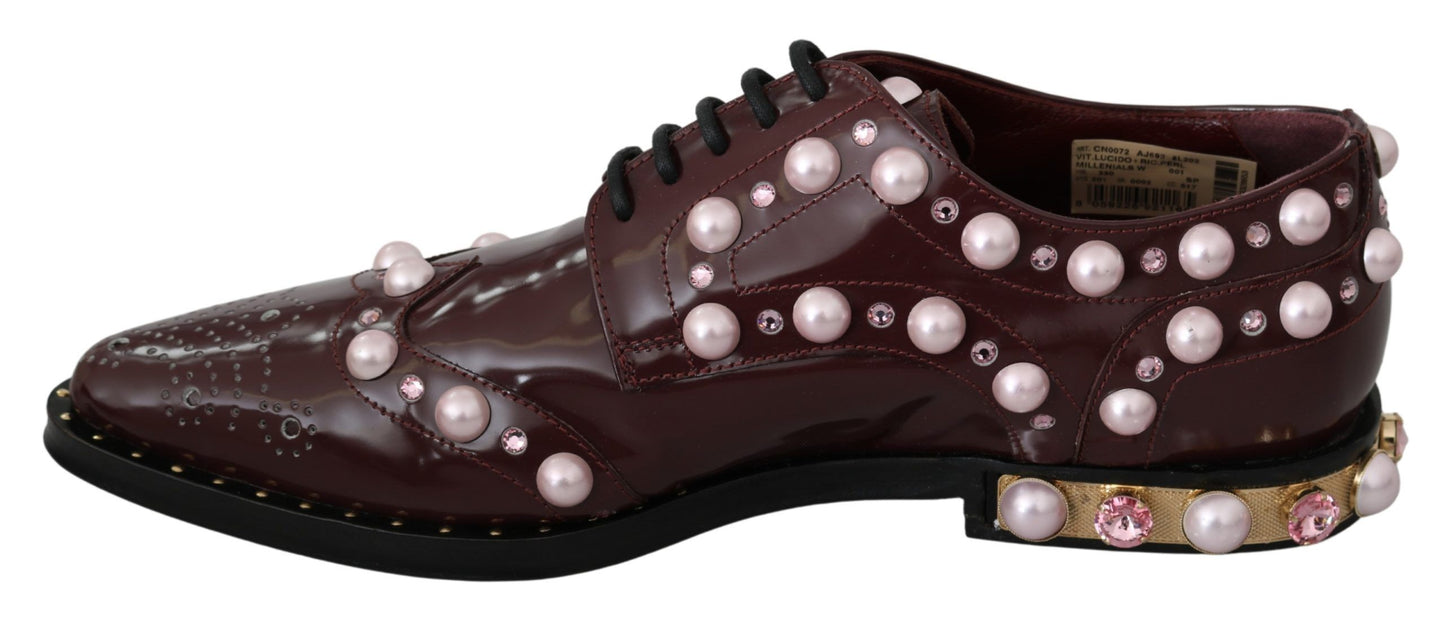 Dolce &amp; Gabbana Elegant burgundy lace-up flats with pearls and crystals