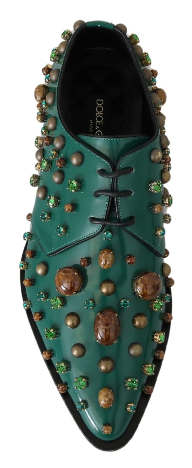 Dolce &amp; Gabbana Emerald Green Leather Shoes with Crystal Accents