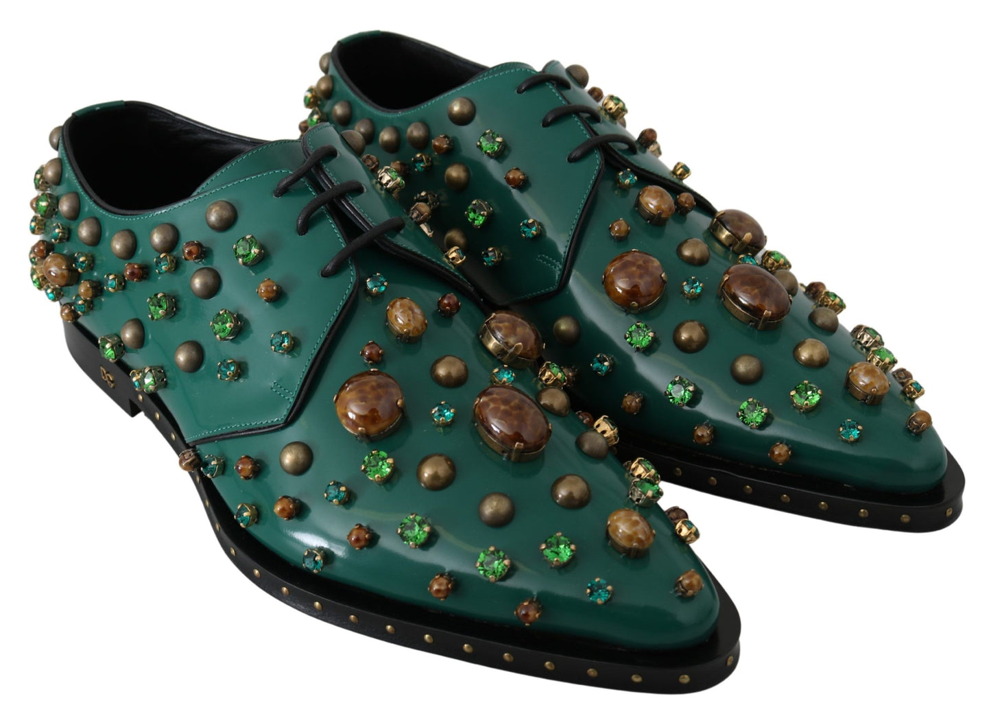 Dolce &amp; Gabbana Emerald Green Leather Shoes with Crystal Accents