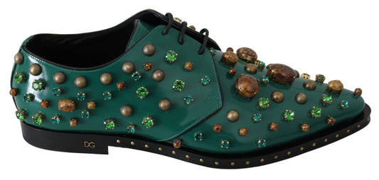 Dolce &amp; Gabbana Emerald Green Leather Shoes with Crystal Accents