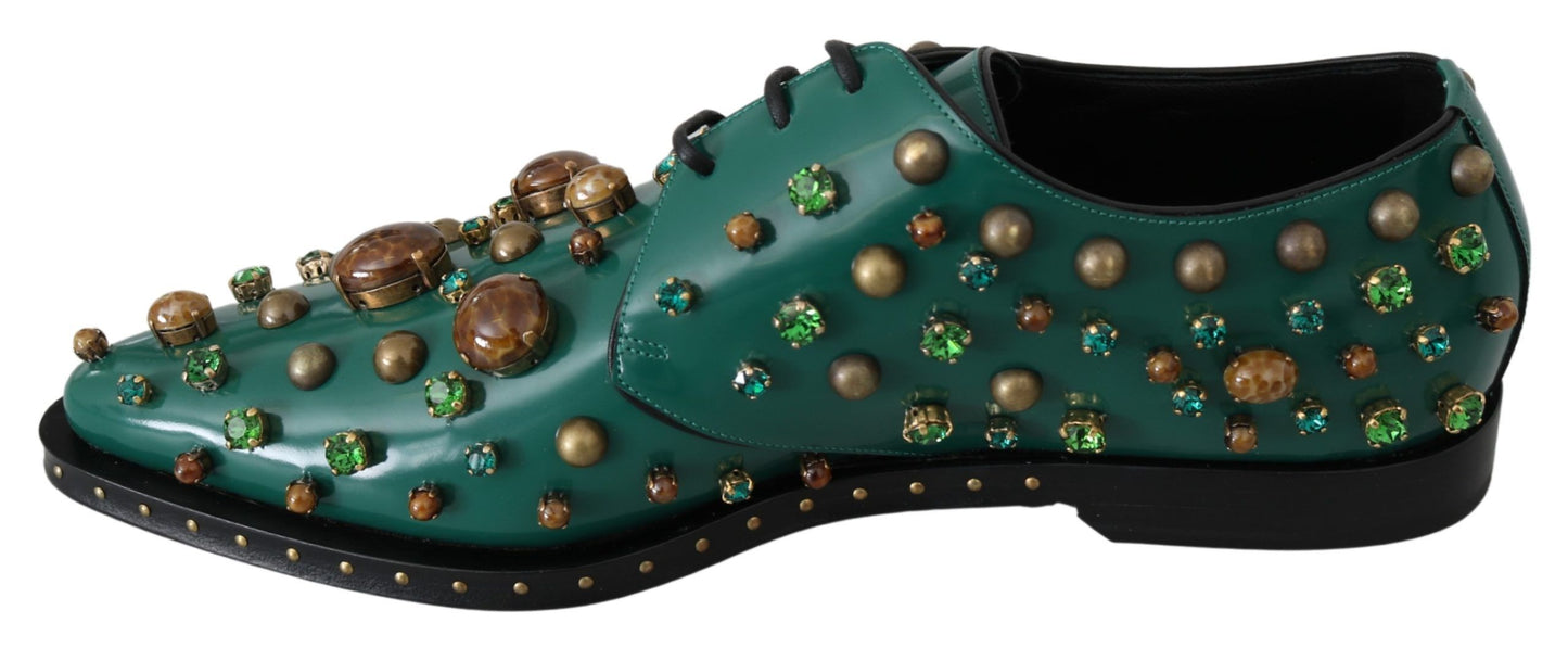 Dolce &amp; Gabbana Emerald Green Leather Shoes with Crystal Accents