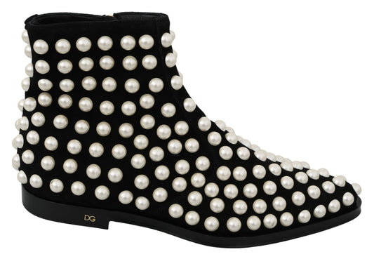 Dolce &amp; Gabbana Chic black suede ankle boots with pearls