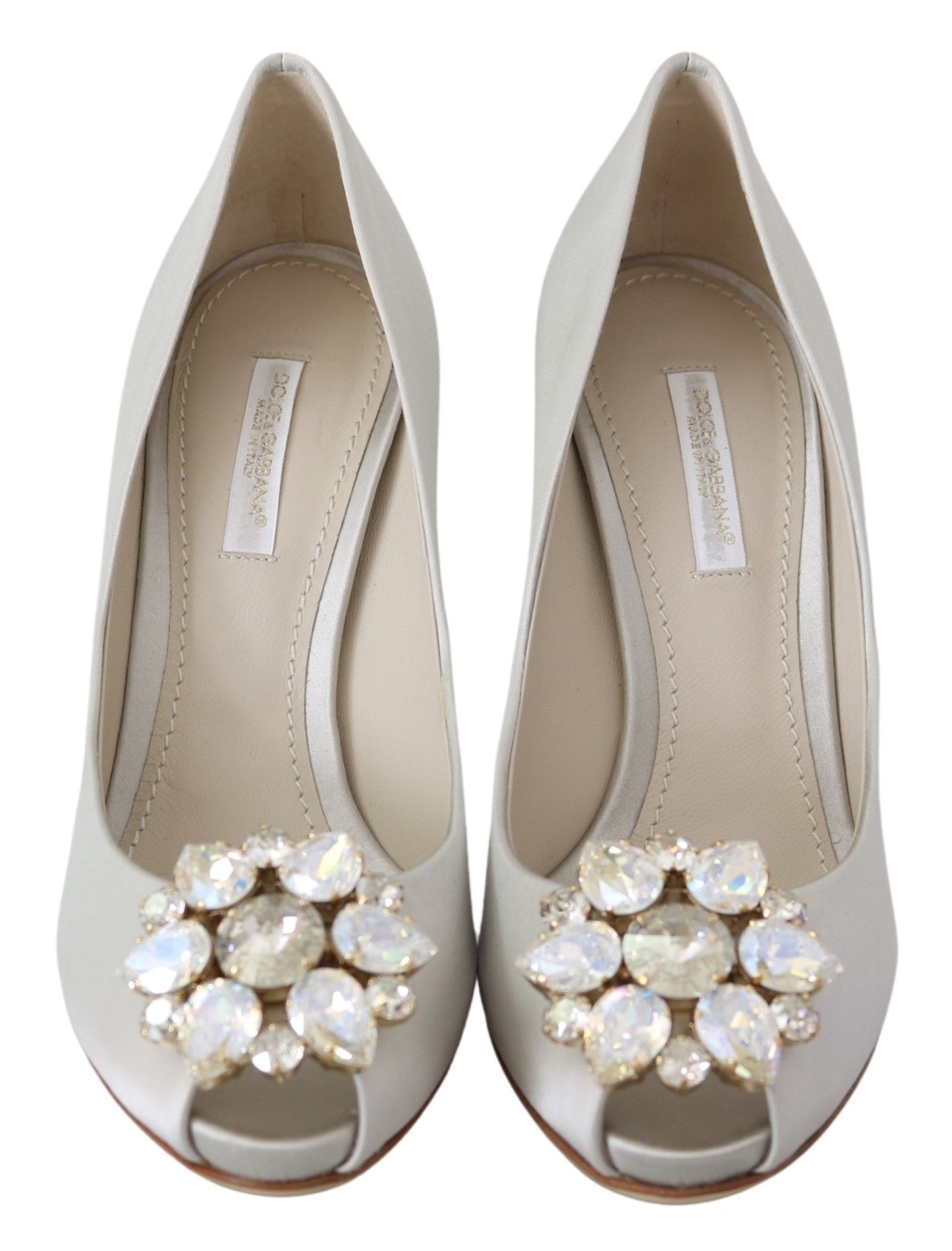 Dolce &amp; Gabbana White Crystal Peep Toe Silk Blend Heels