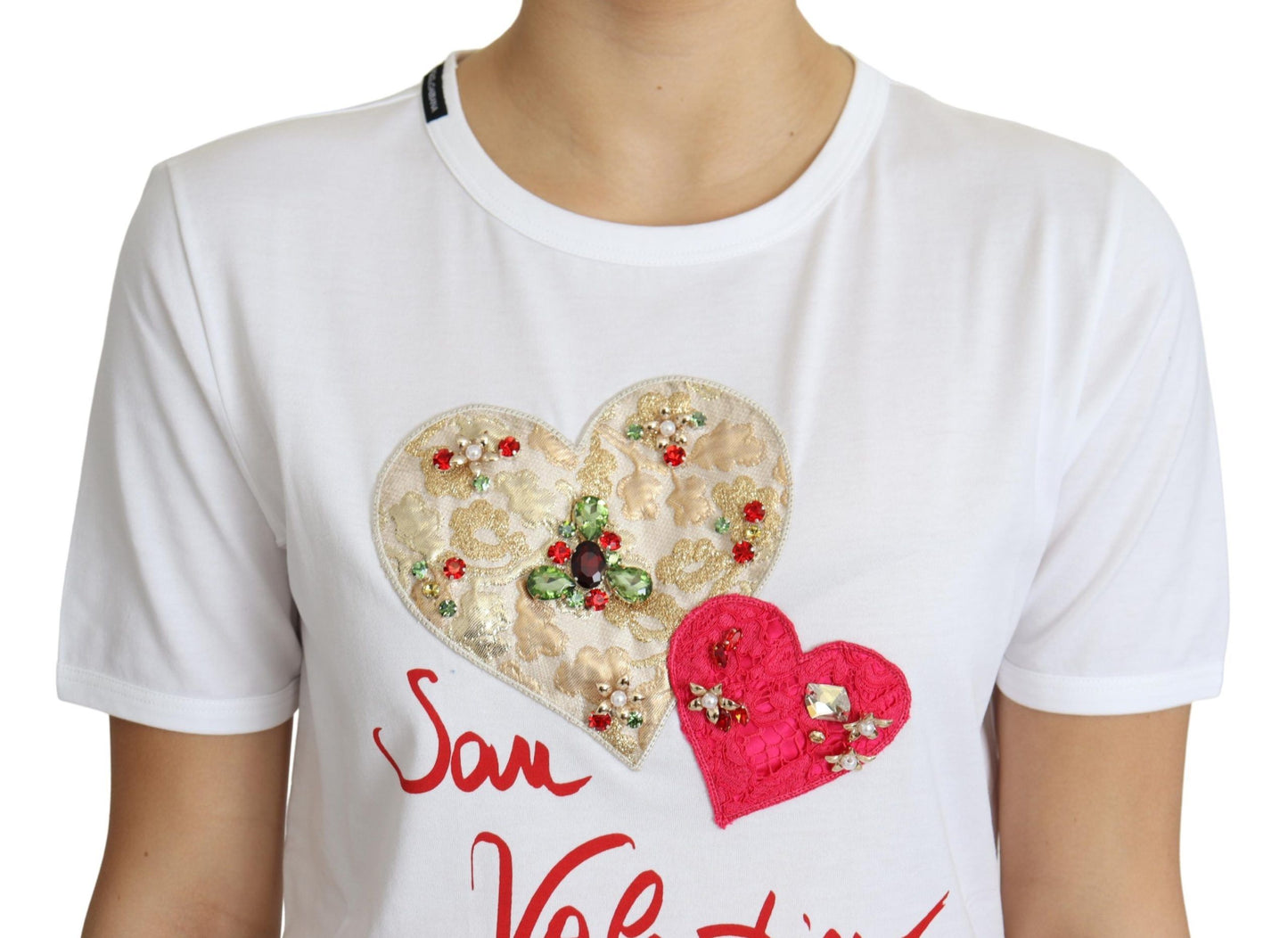 Dolce &amp; Gabbana White Cotton T-Shirt with Crystal Embellishments