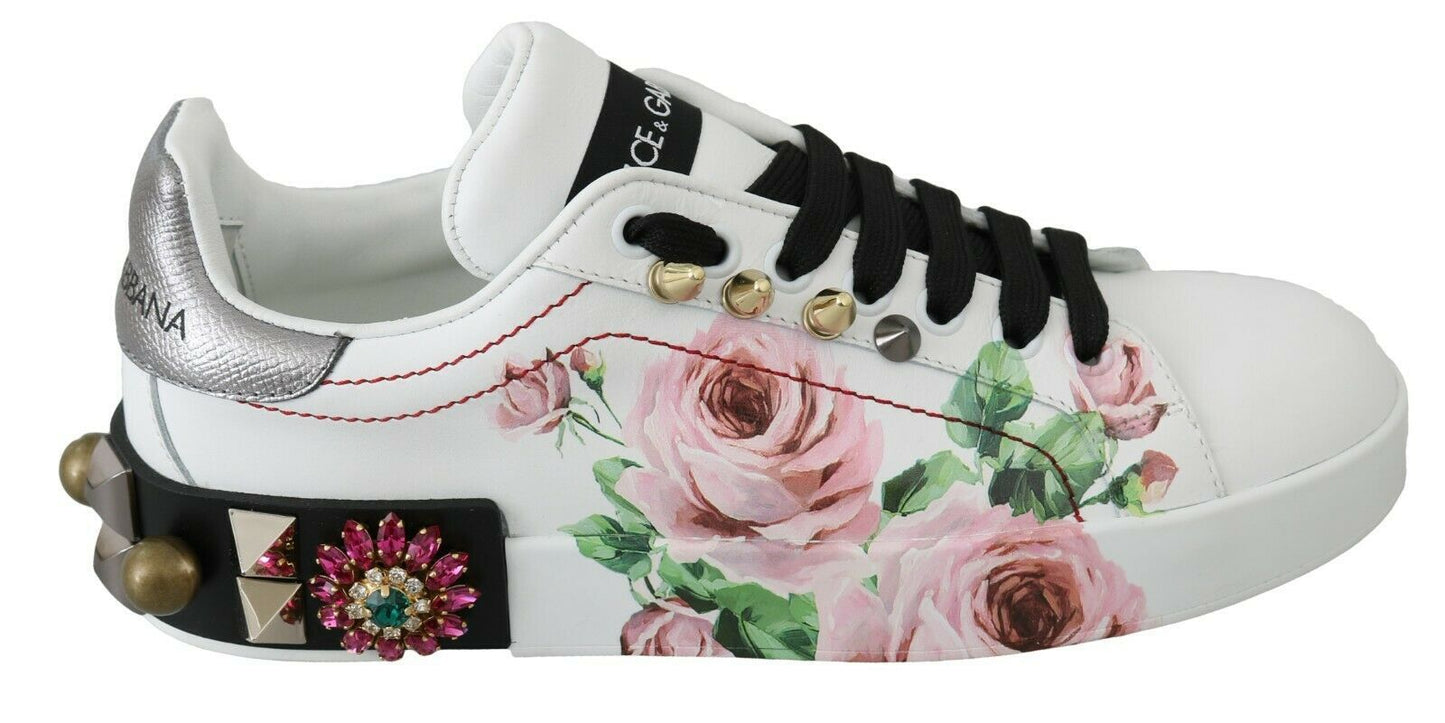 Dolce &amp; Gabbana Floral Leather Sneakers with Crystal Embellishment