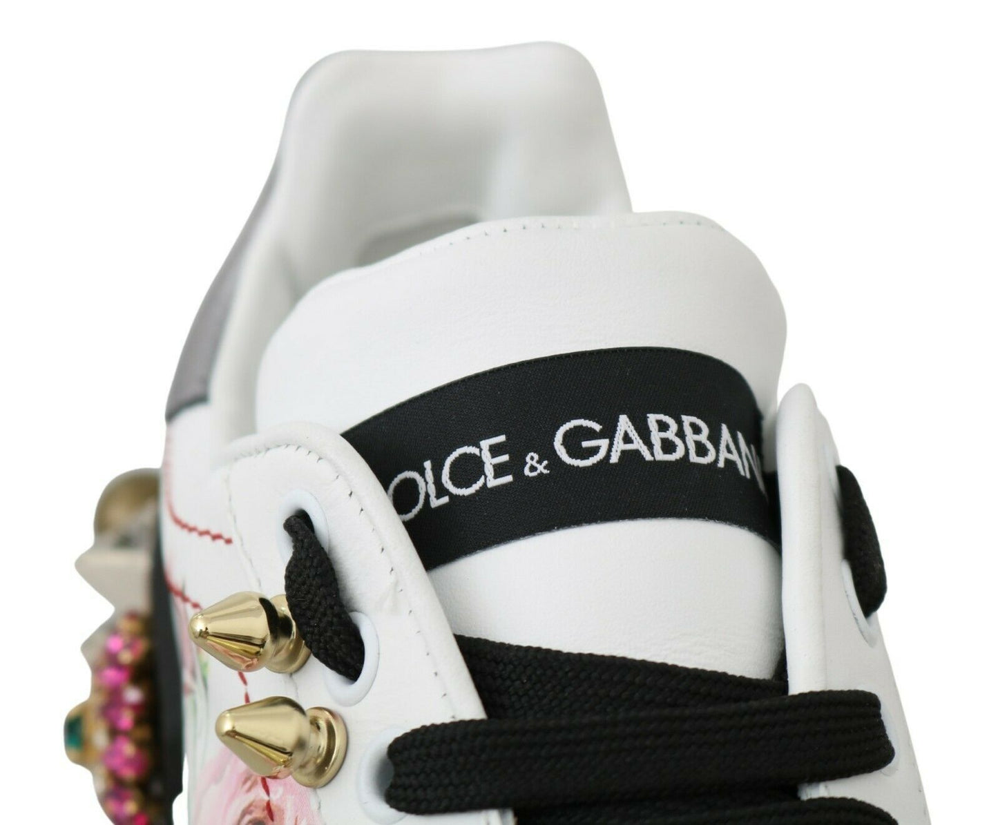 Dolce &amp; Gabbana Floral Leather Sneakers with Crystal Embellishment