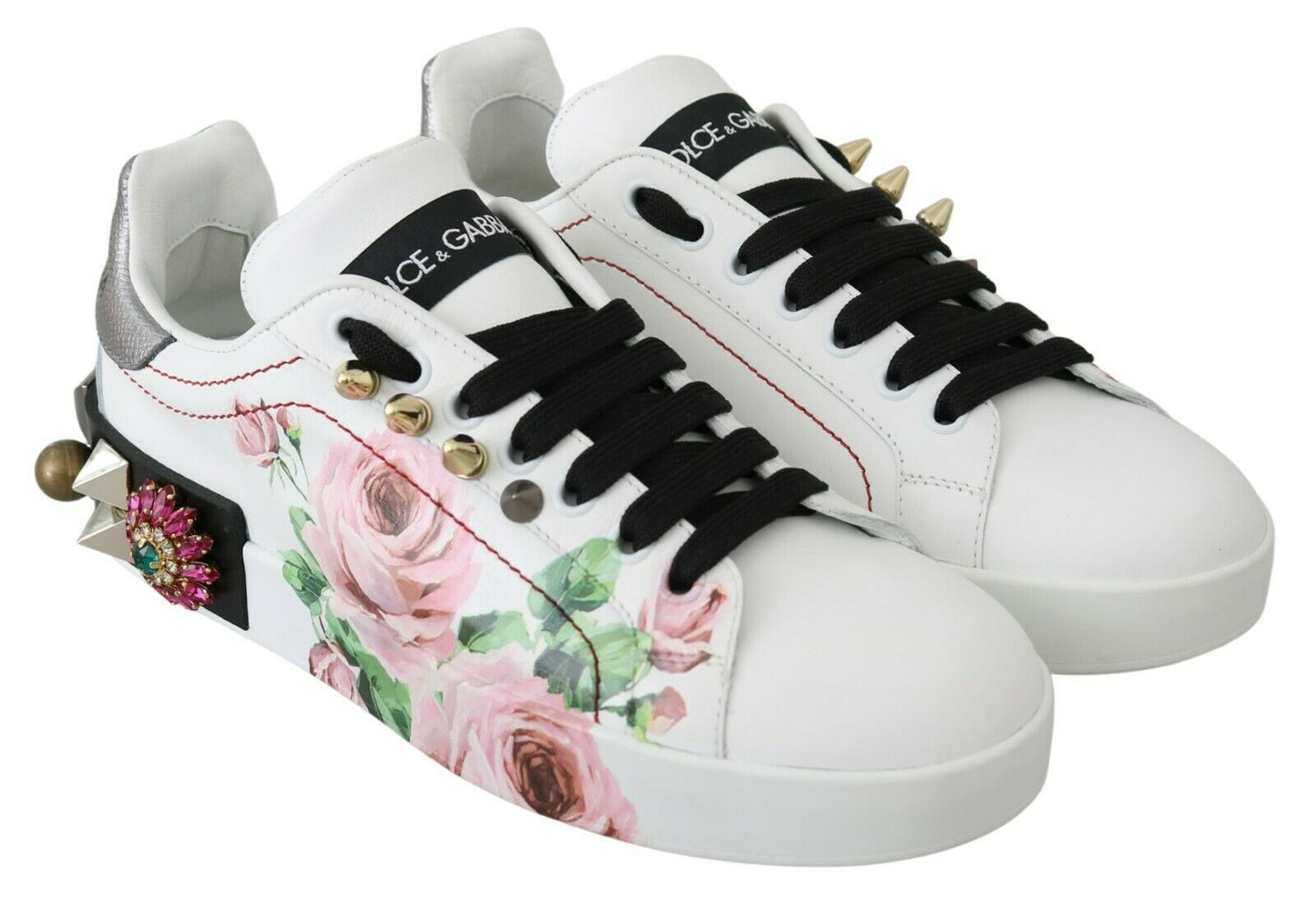 Dolce &amp; Gabbana Floral Leather Sneakers with Crystal Embellishment