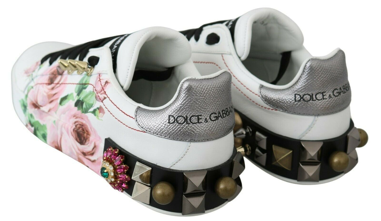 Dolce &amp; Gabbana Floral Leather Sneakers with Crystal Embellishment