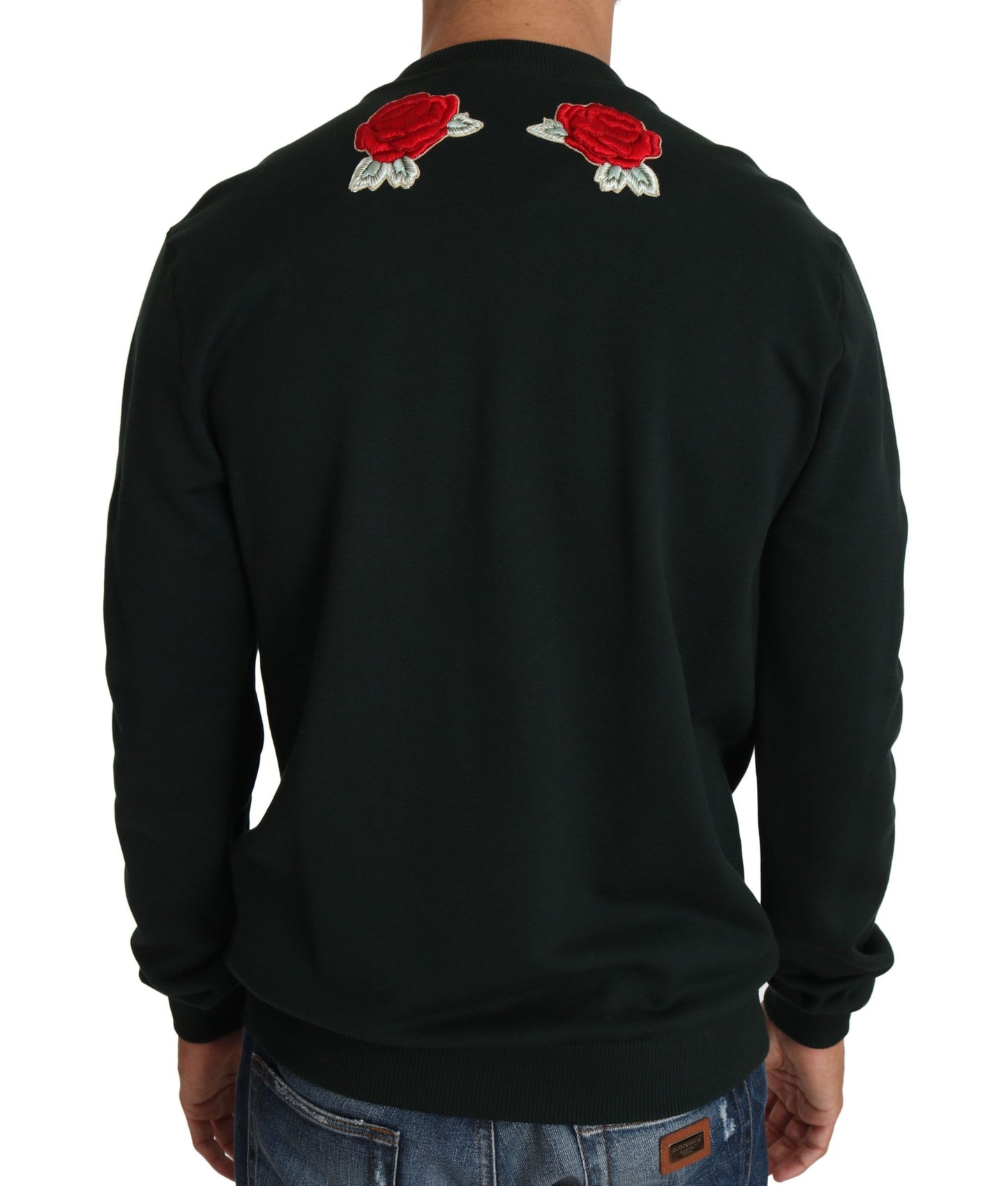 Dolce &amp; Gabbana Emerald Green Cotton Sweater with Crystal Embroidery