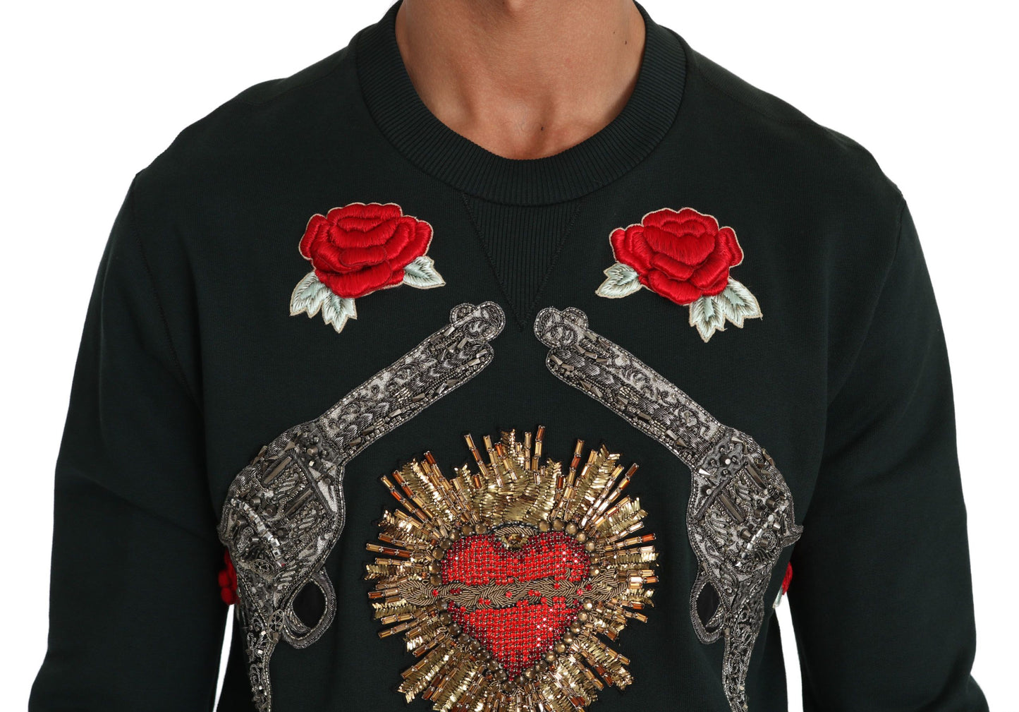 Dolce &amp; Gabbana Emerald Green Cotton Sweater with Crystal Embroidery