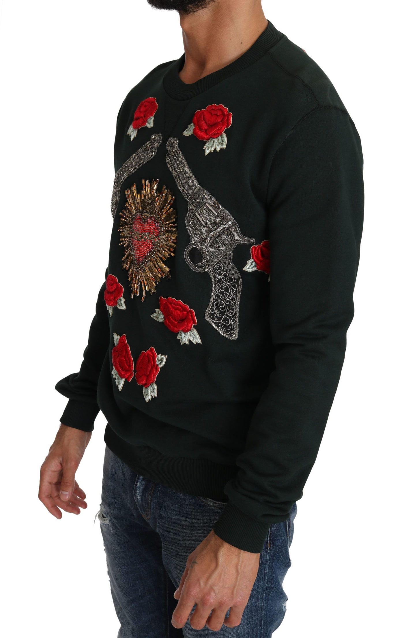 Dolce &amp; Gabbana Emerald Green Cotton Sweater with Crystal Embroidery