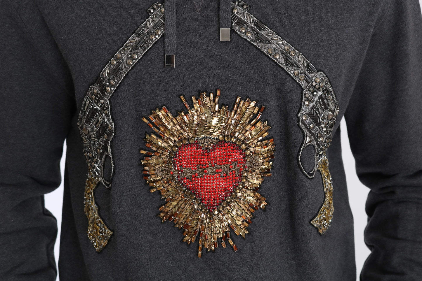 Dolce &amp; Gabbana Grey Sweater with Pistol Motif and Crystal Heart