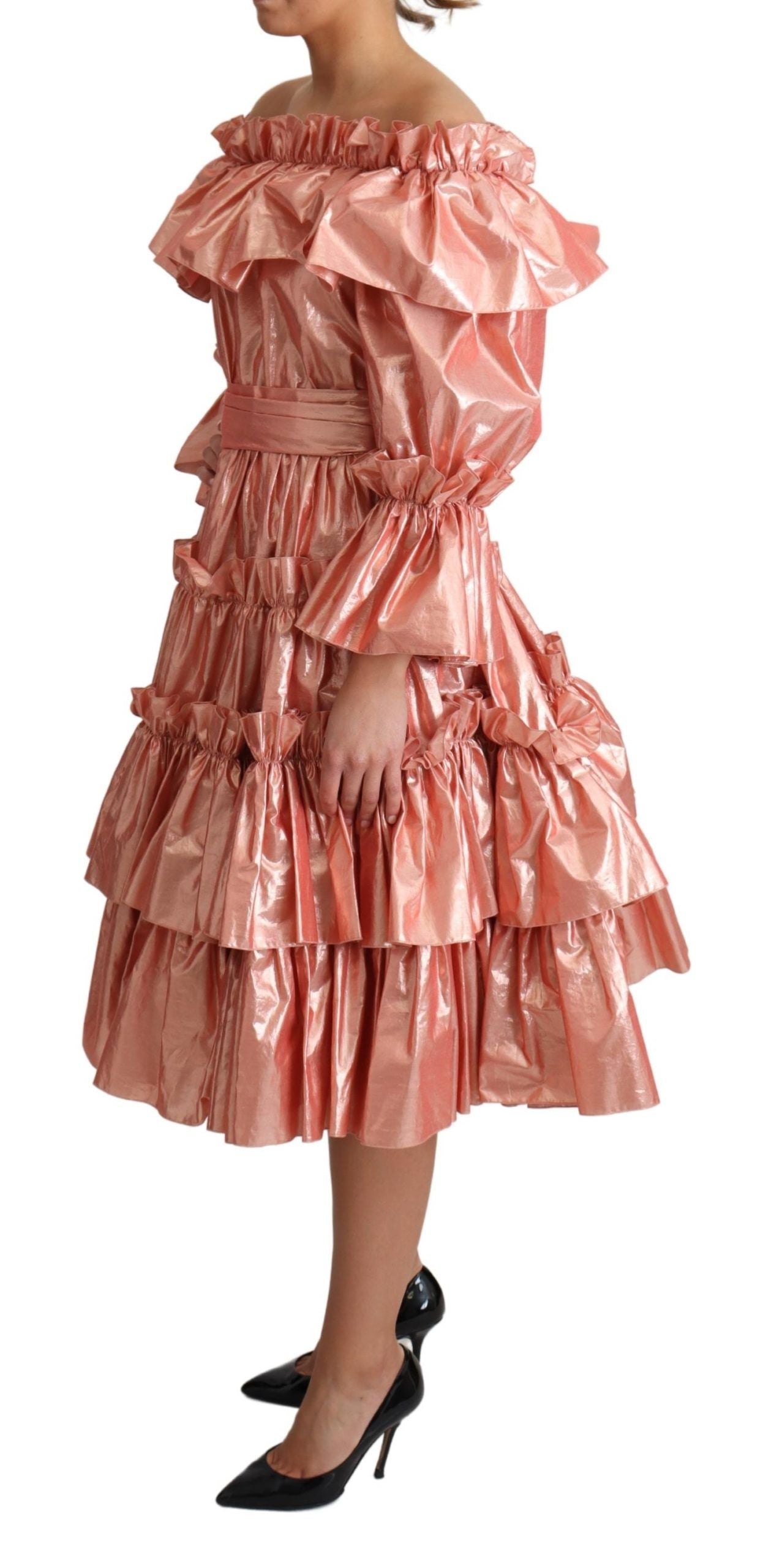 Dolce &amp; Gabbana Pink Metallic Ruffle Dress Elegance