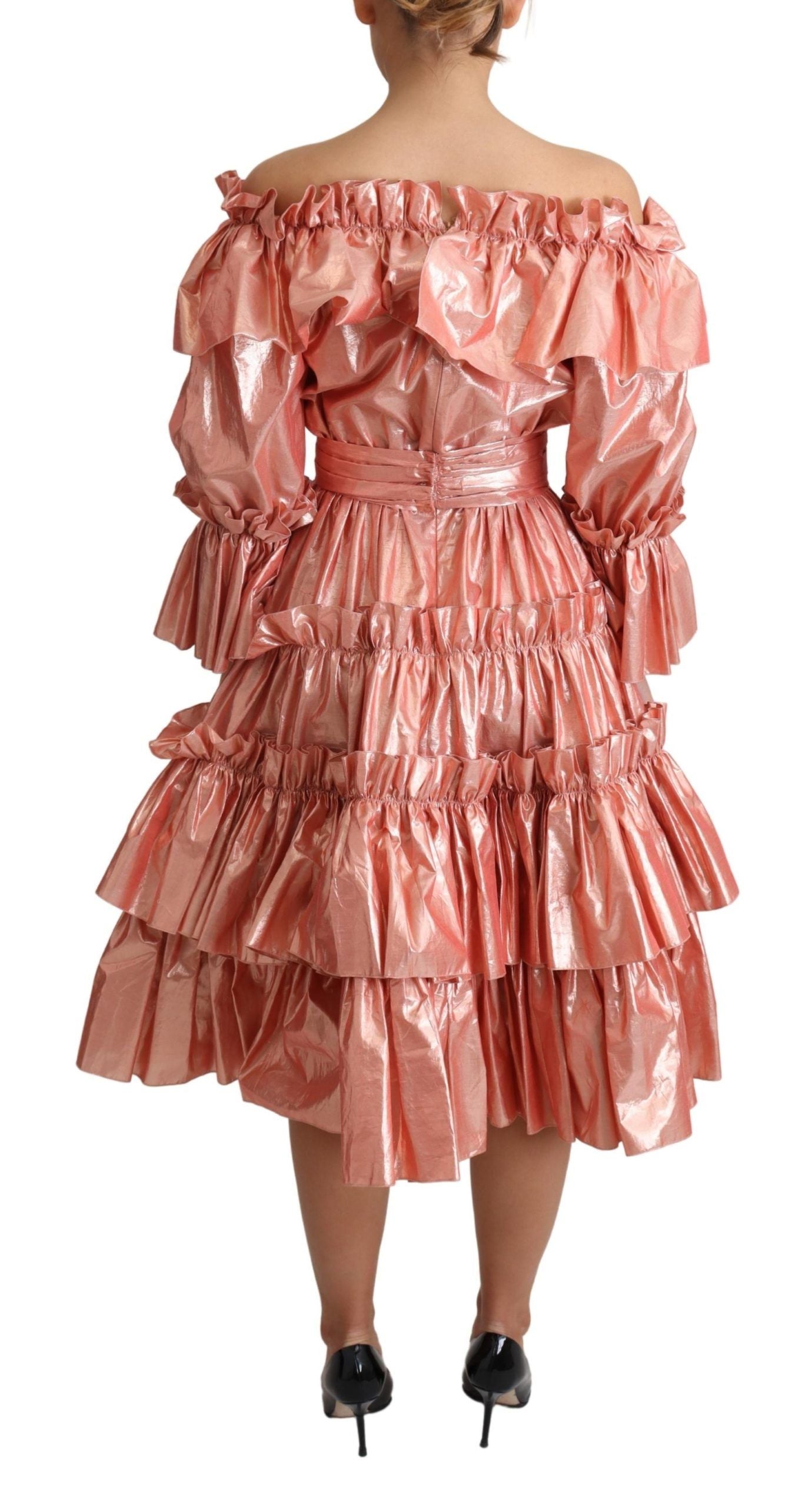 Dolce &amp; Gabbana Pink Metallic Ruffle Dress Elegance