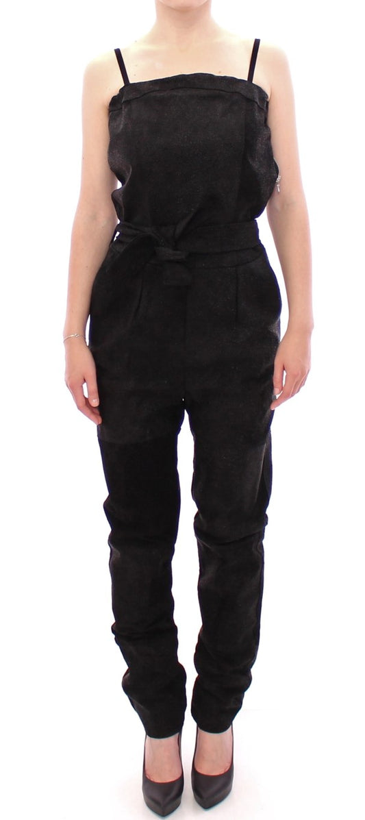 La Maison du Couturier Elegant black leather jumpsuit with waist straps