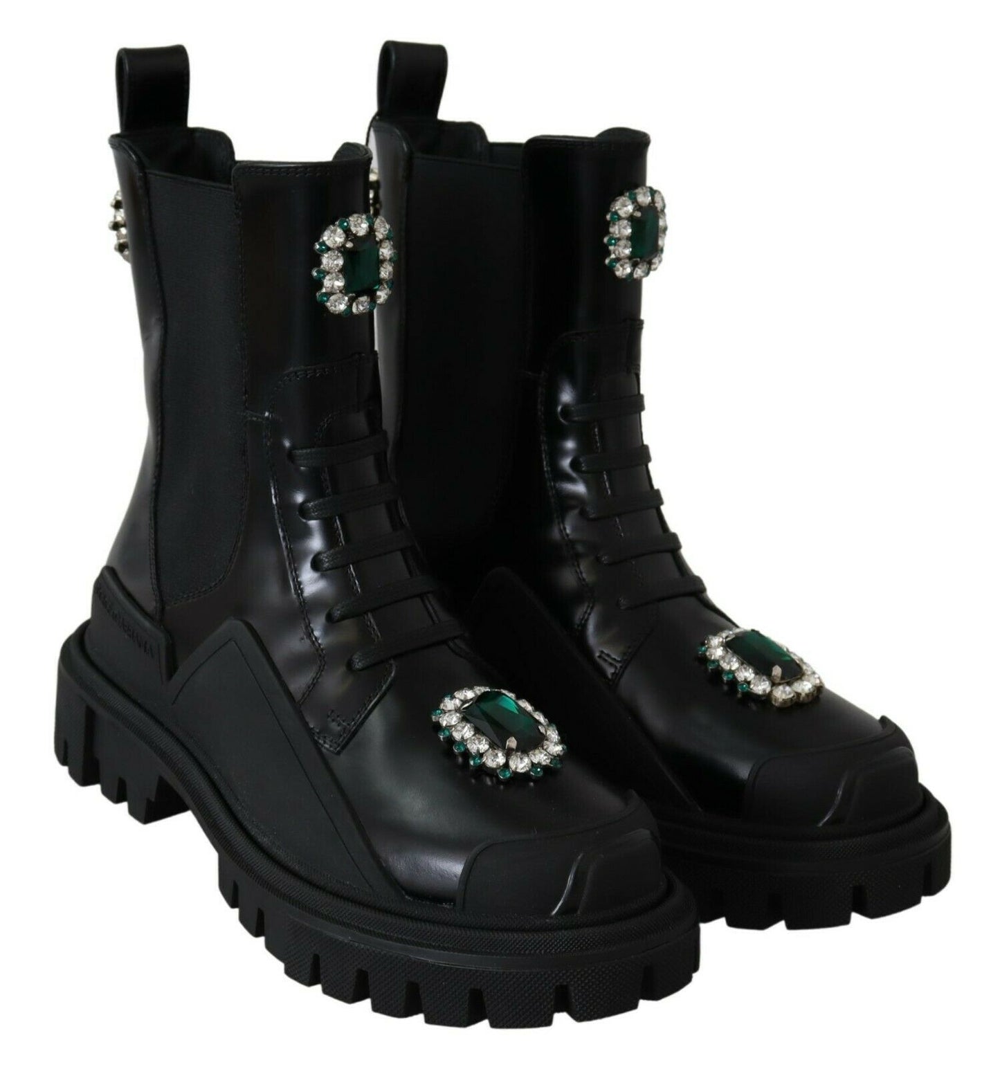 Dolce &amp; Gabbana Elegant black leather combat boots with crystal detail