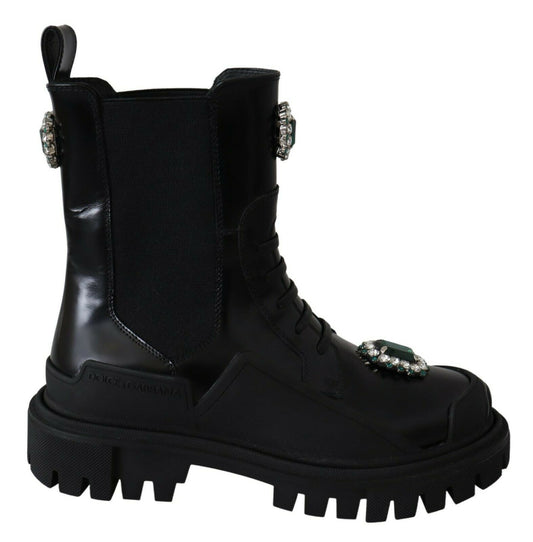 Dolce &amp; Gabbana Elegant black leather combat boots with crystal detail