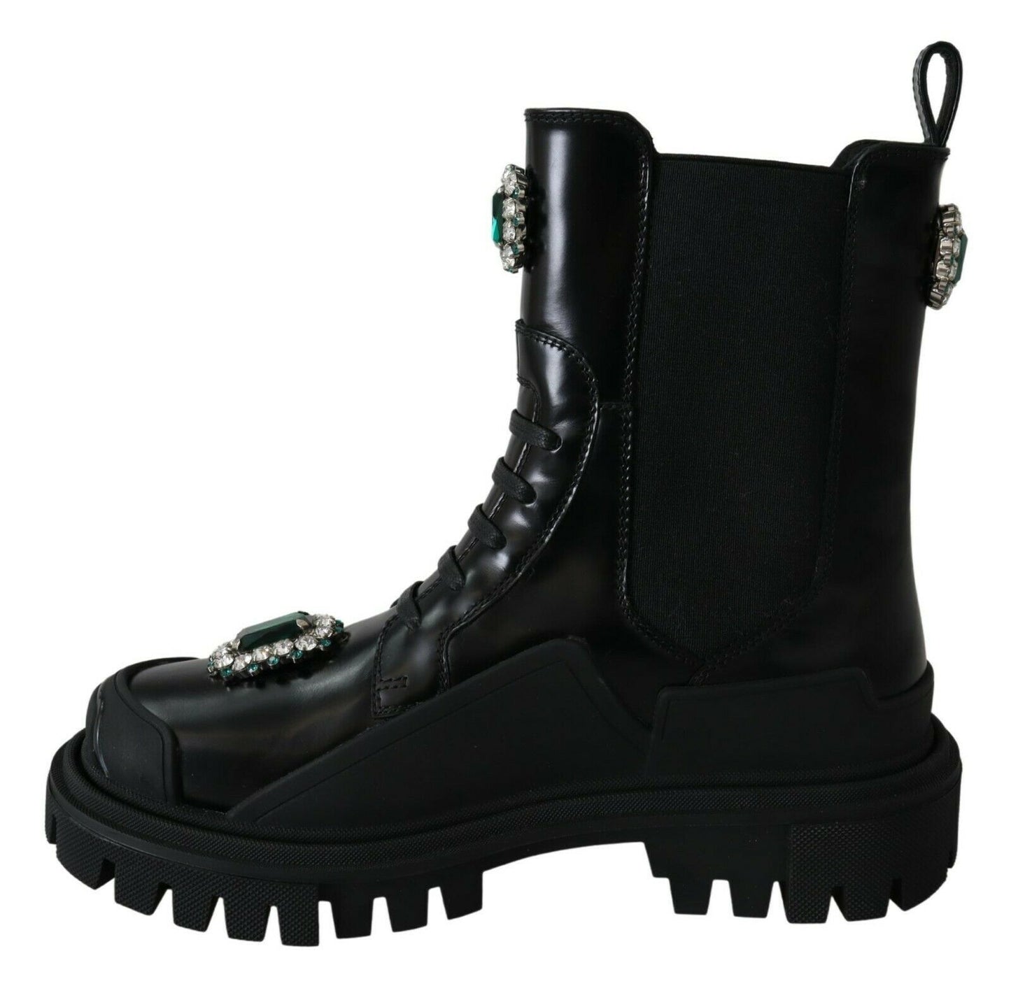 Dolce &amp; Gabbana Elegant black leather combat boots with crystal detail