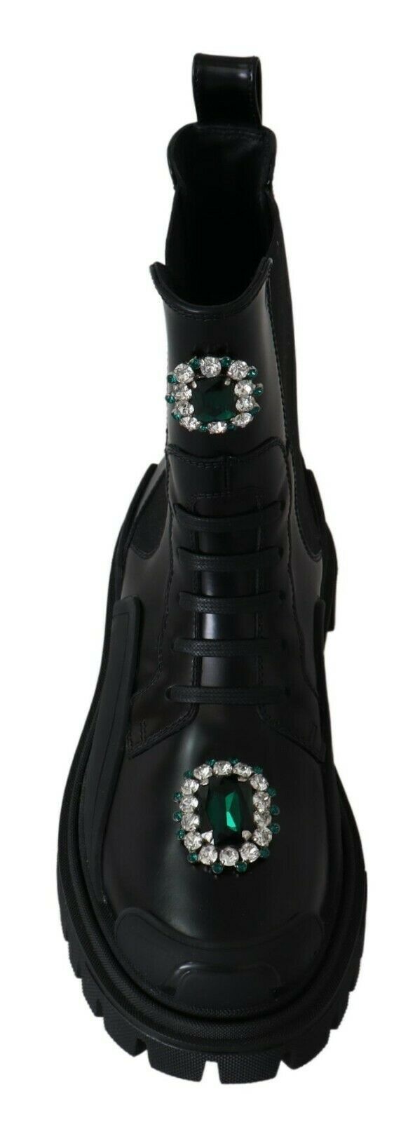 Dolce &amp; Gabbana Elegant black leather combat boots with crystal detail