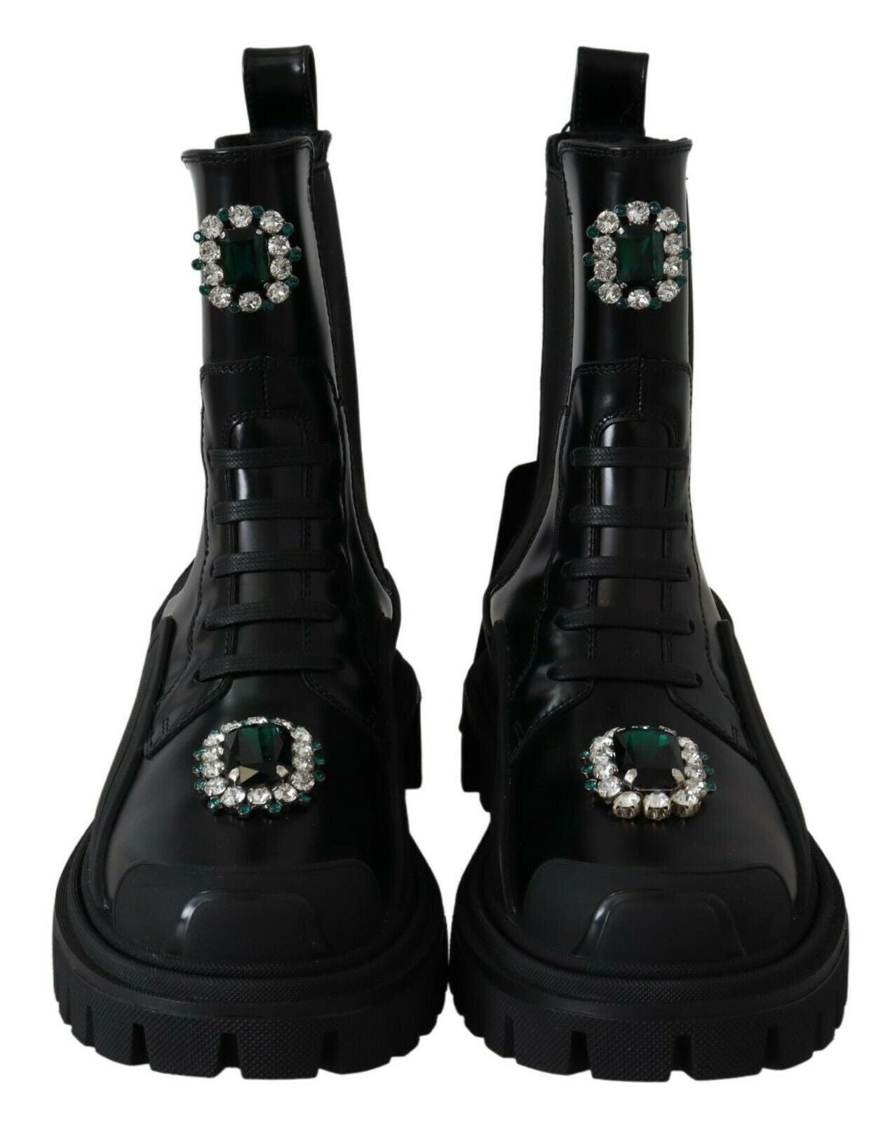 Dolce &amp; Gabbana Elegant black leather combat boots with crystal detail